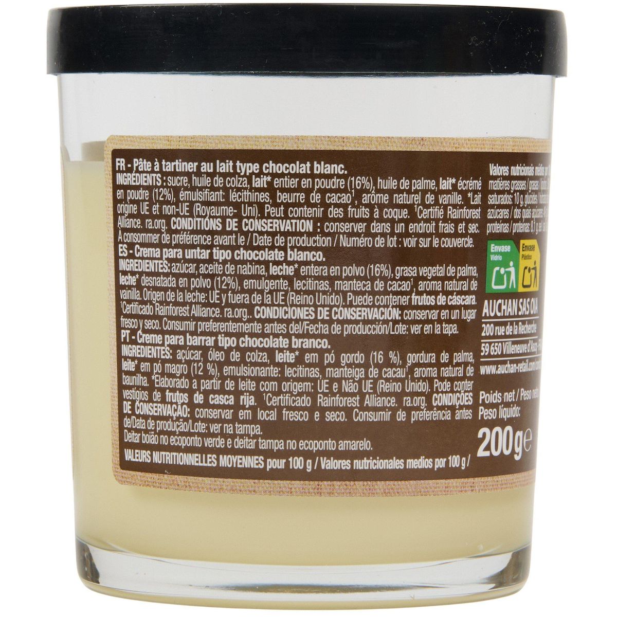 AUCHAN Pâte à tartiner chocolat blanc 200g