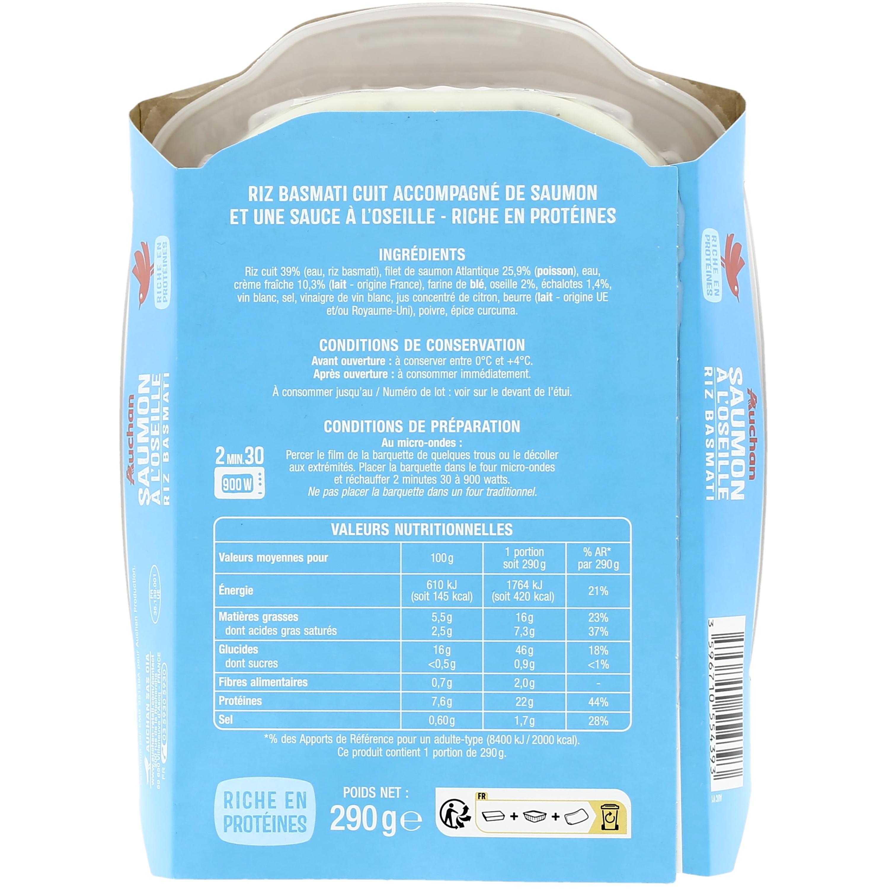 Voir la diapositive 2 : AUCHAN Pavé de saumon à l'oseille et riz 1 part 290g