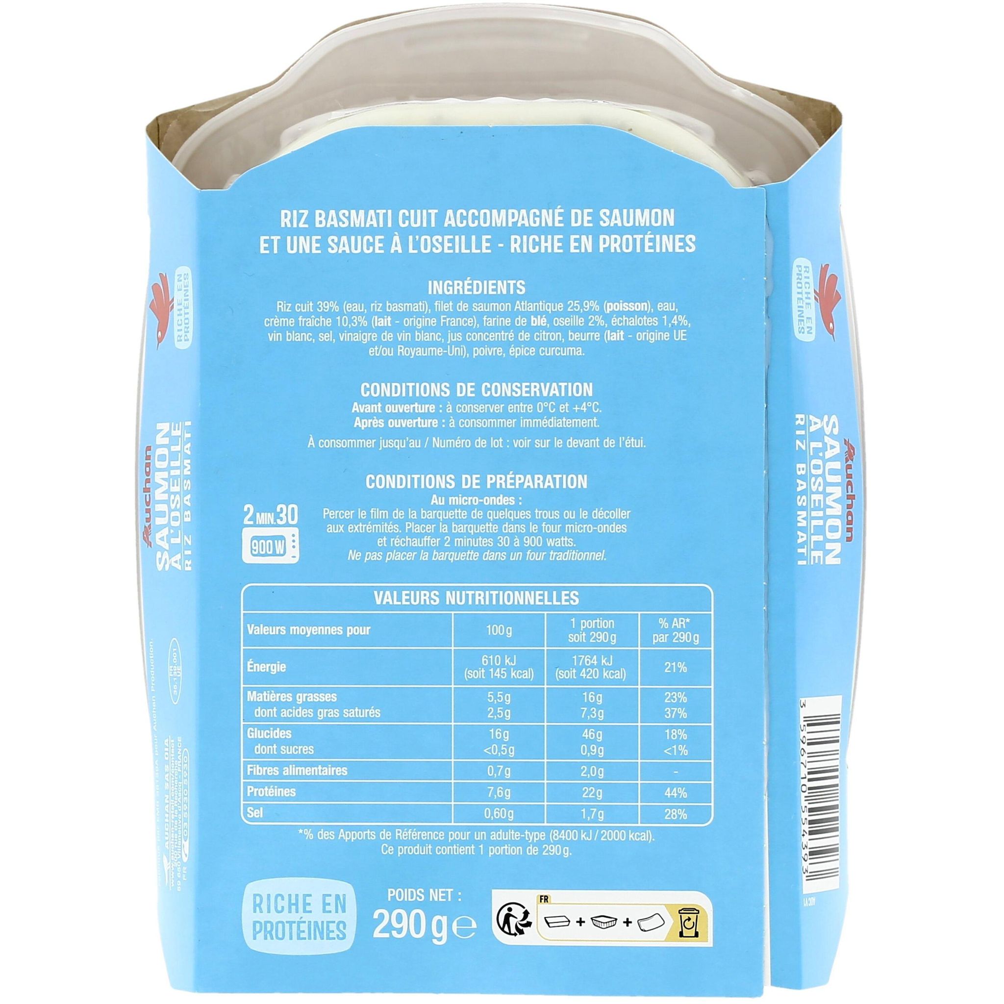 Voir la diapositive 2 : AUCHAN Pavé de saumon à l'oseille et riz 1 portion 290g