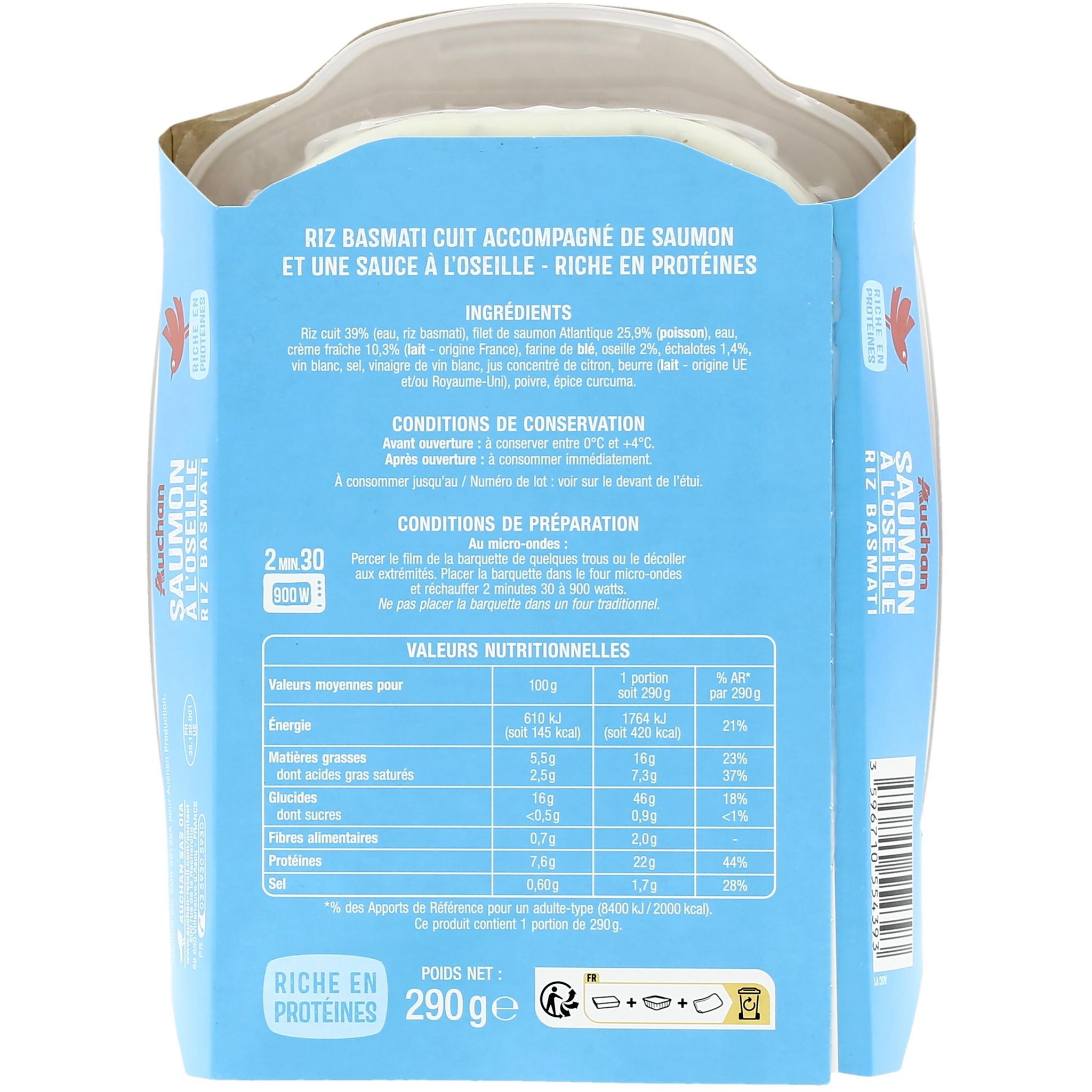 Voir la diapositive 3 : AUCHAN Pavé de saumon à l'oseille et riz 1 portion 290g