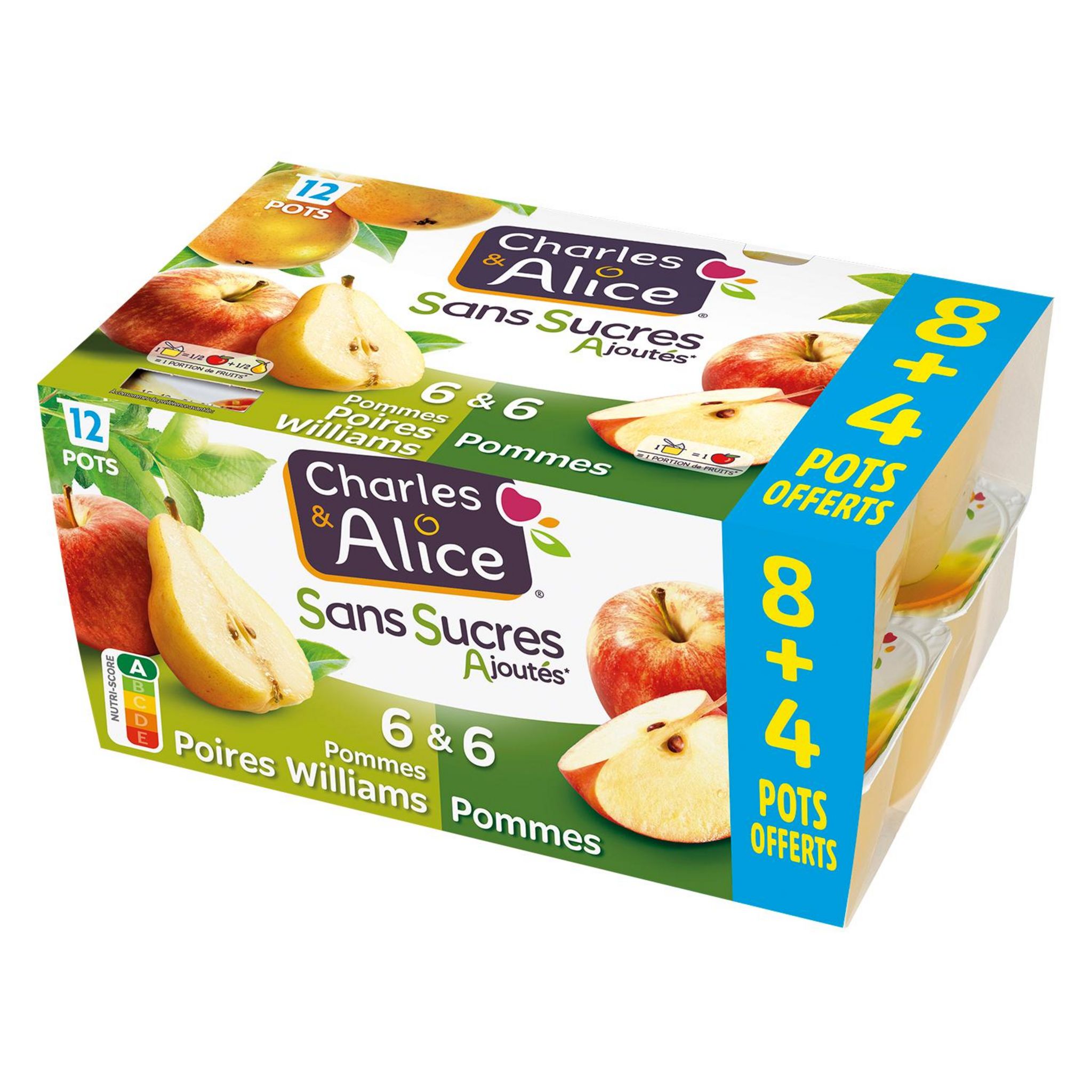 CHARLES & ALICE Purée de fruits sans sucres ajoutés sans conservateur 8 + 4 offerts 1200g