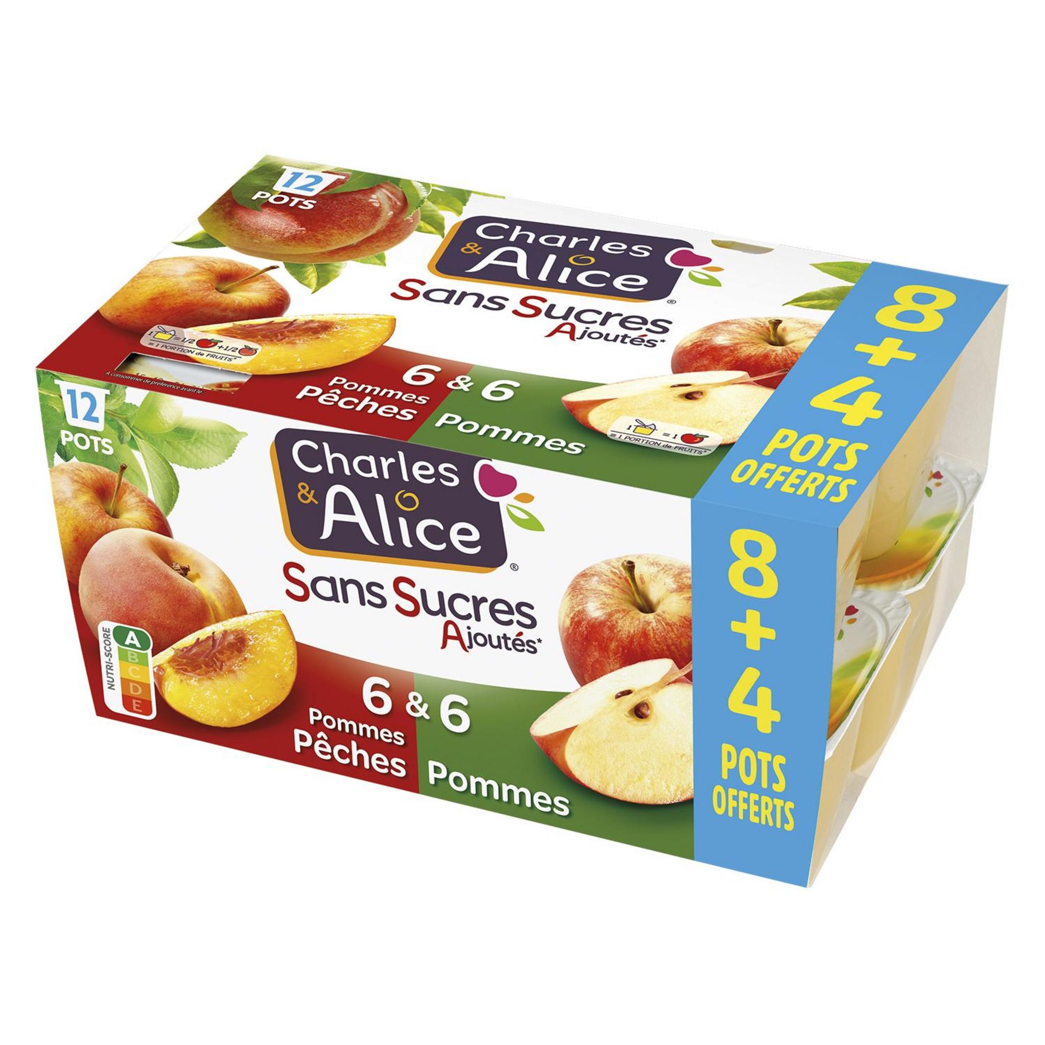 CHARLES & ALICE Purée de fruits sans sucres ajoutés à la pomme et à la pêche 8 + 4 offerts 1200g