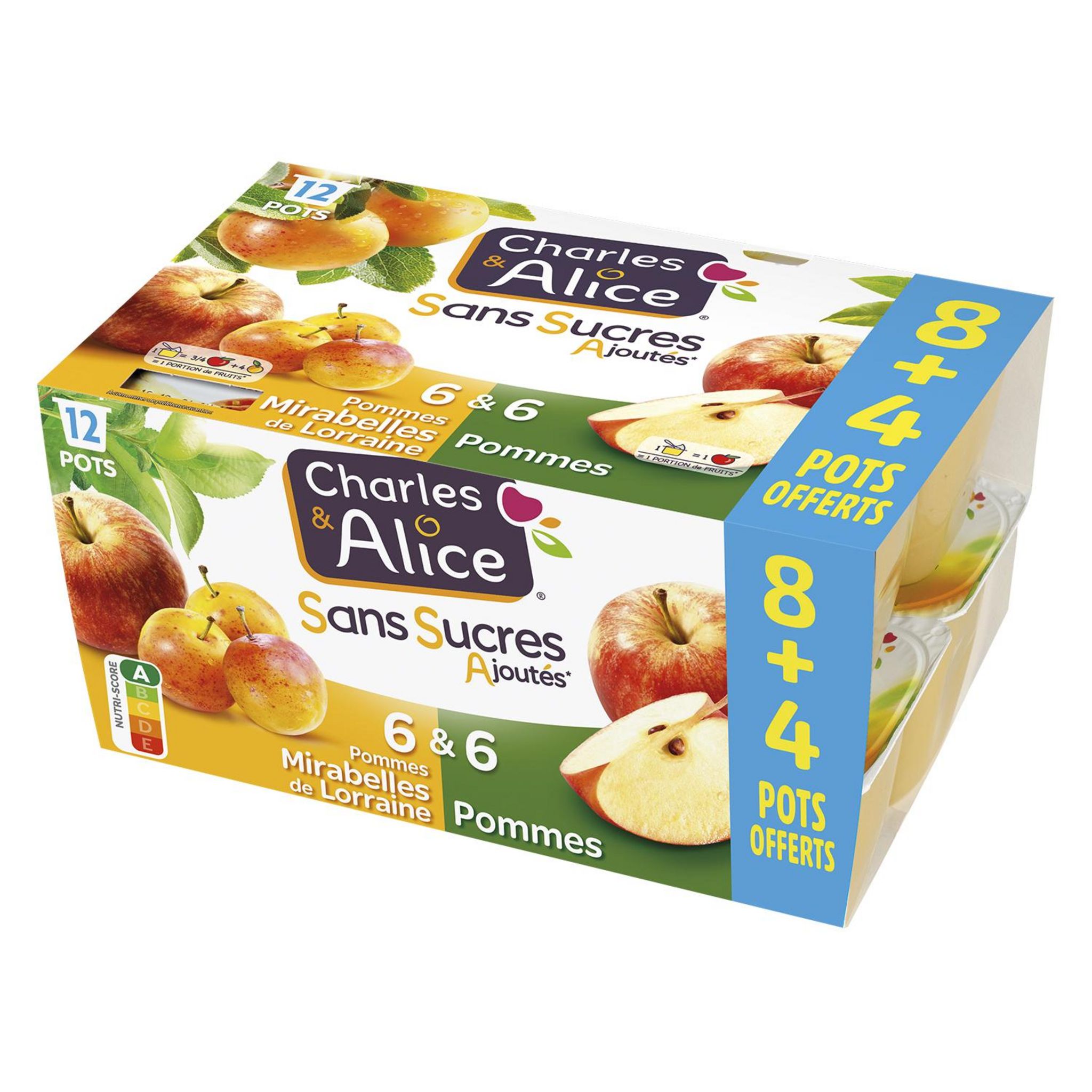 CHARLES & ALICE Purée de fruits sans sucres ajoutés à la pomme et à la mirabelle 8 + 4 offerts 1200g