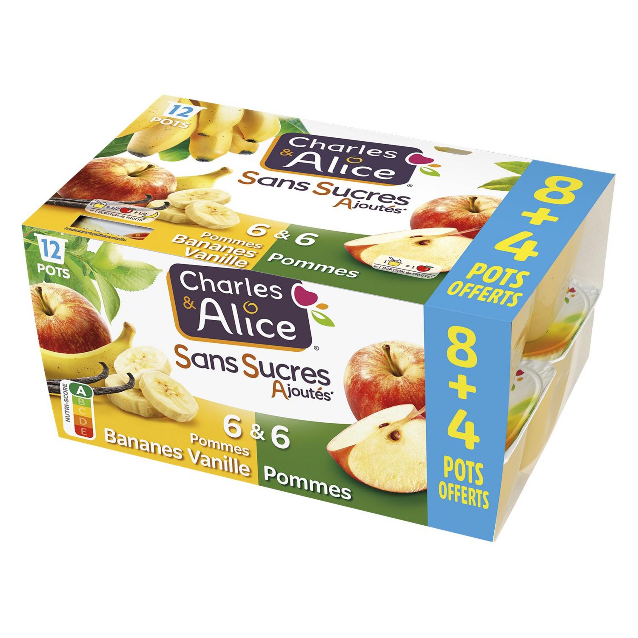 CHARLES & ALICE Purée de fruits sans sucres ajoutés sans conservateur 8 + 4 offerts 1200g