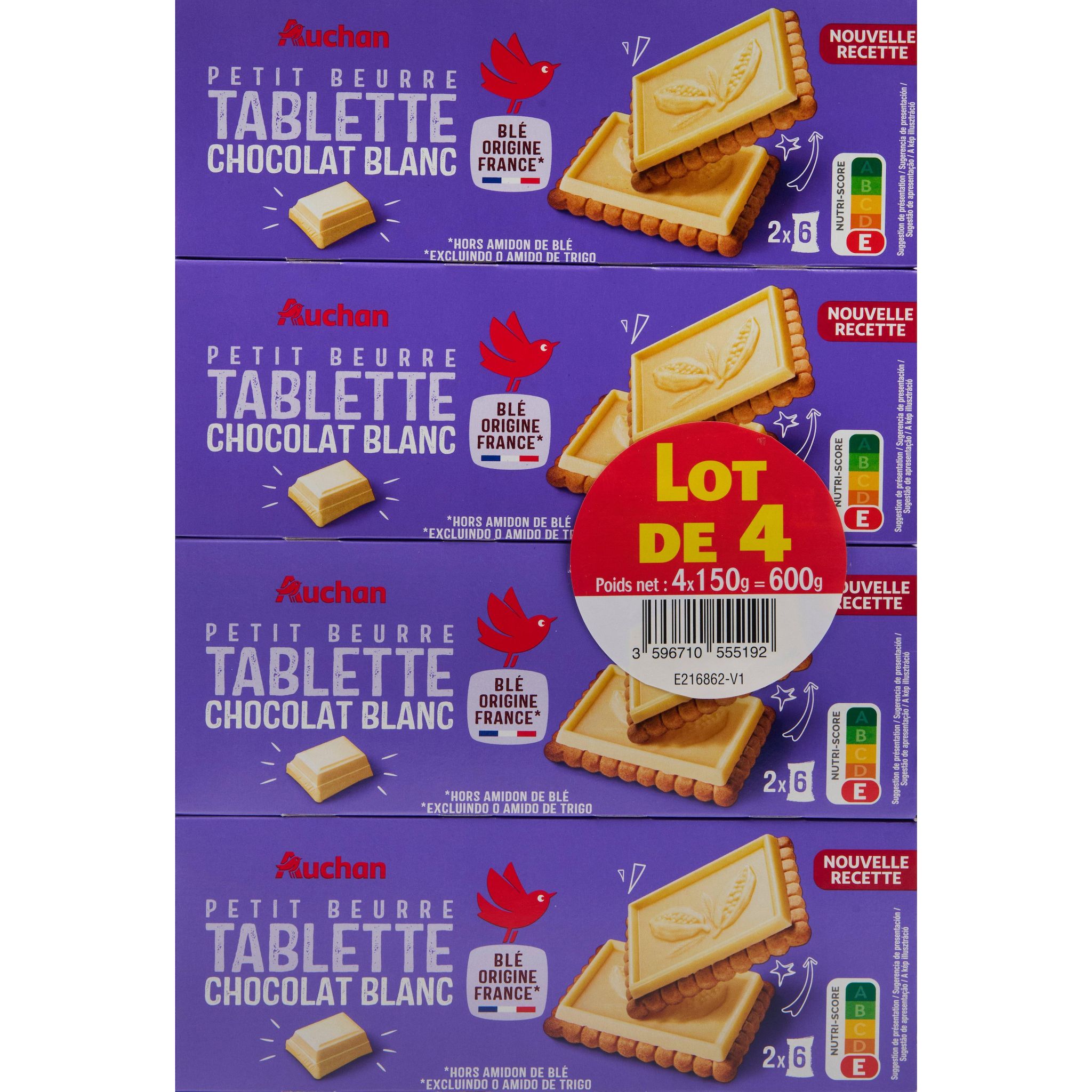 AUCHAN Petit beurre nappés au chocolat blanc 4x150g 600g