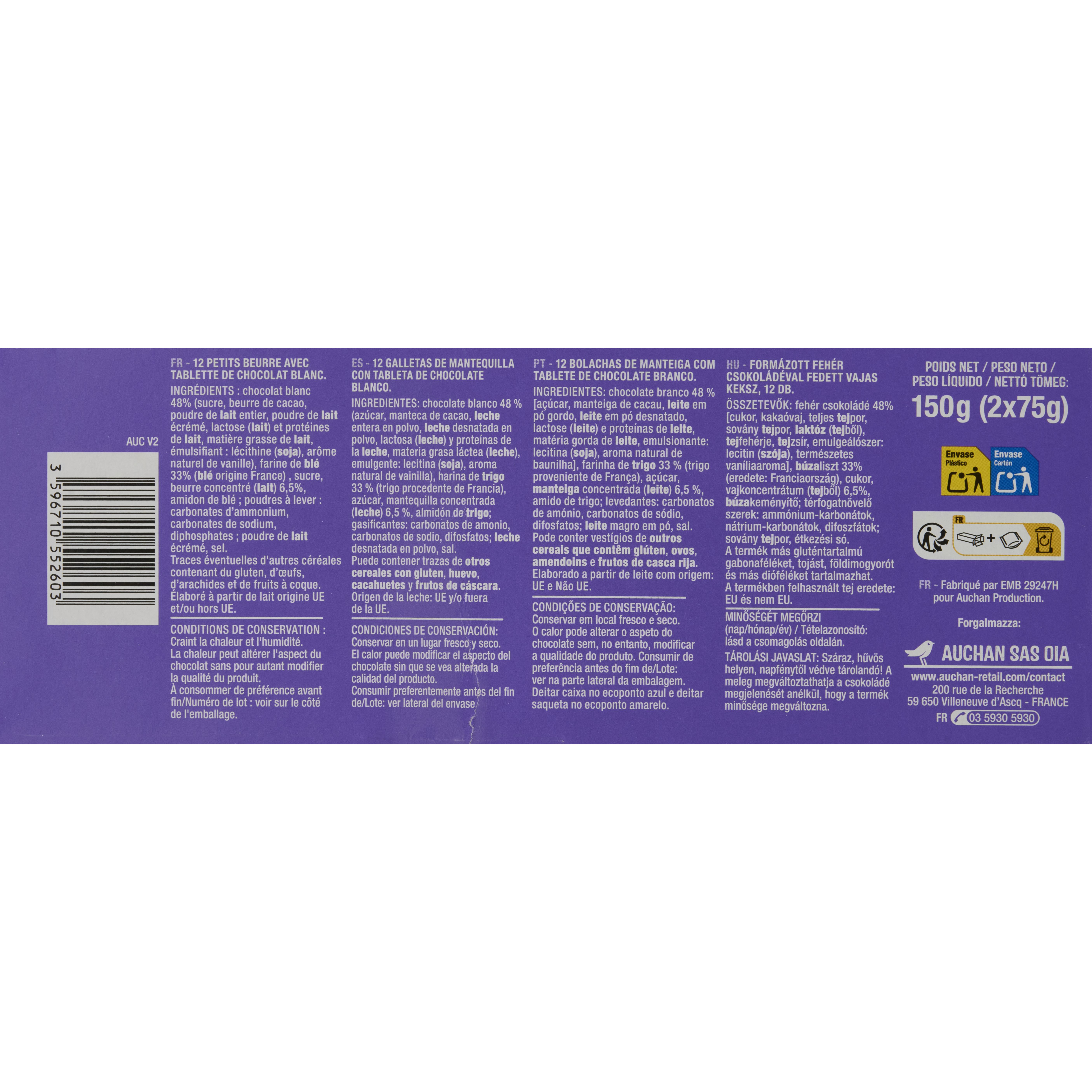 Voir la diapositive 2 : AUCHAN Petit beurre nappés au chocolat blanc 4x150g 600g