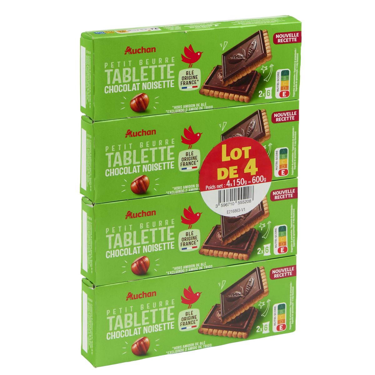 AUCHAN Biscuits petit beurre chocolat noisette 4x150g
