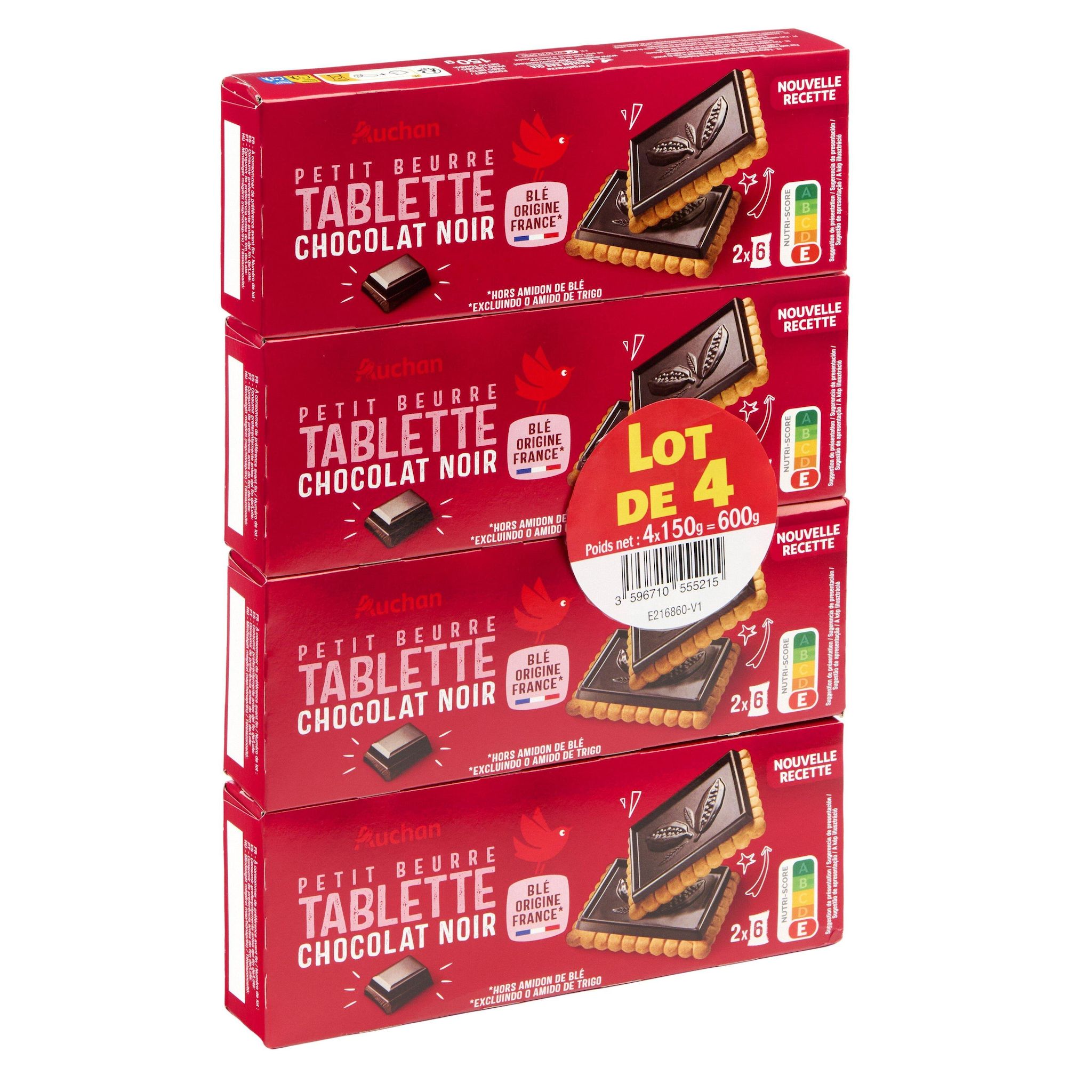 Voir la diapositive 4 : AUCHAN Petit beurre nappés au chocolat noir 4x150g