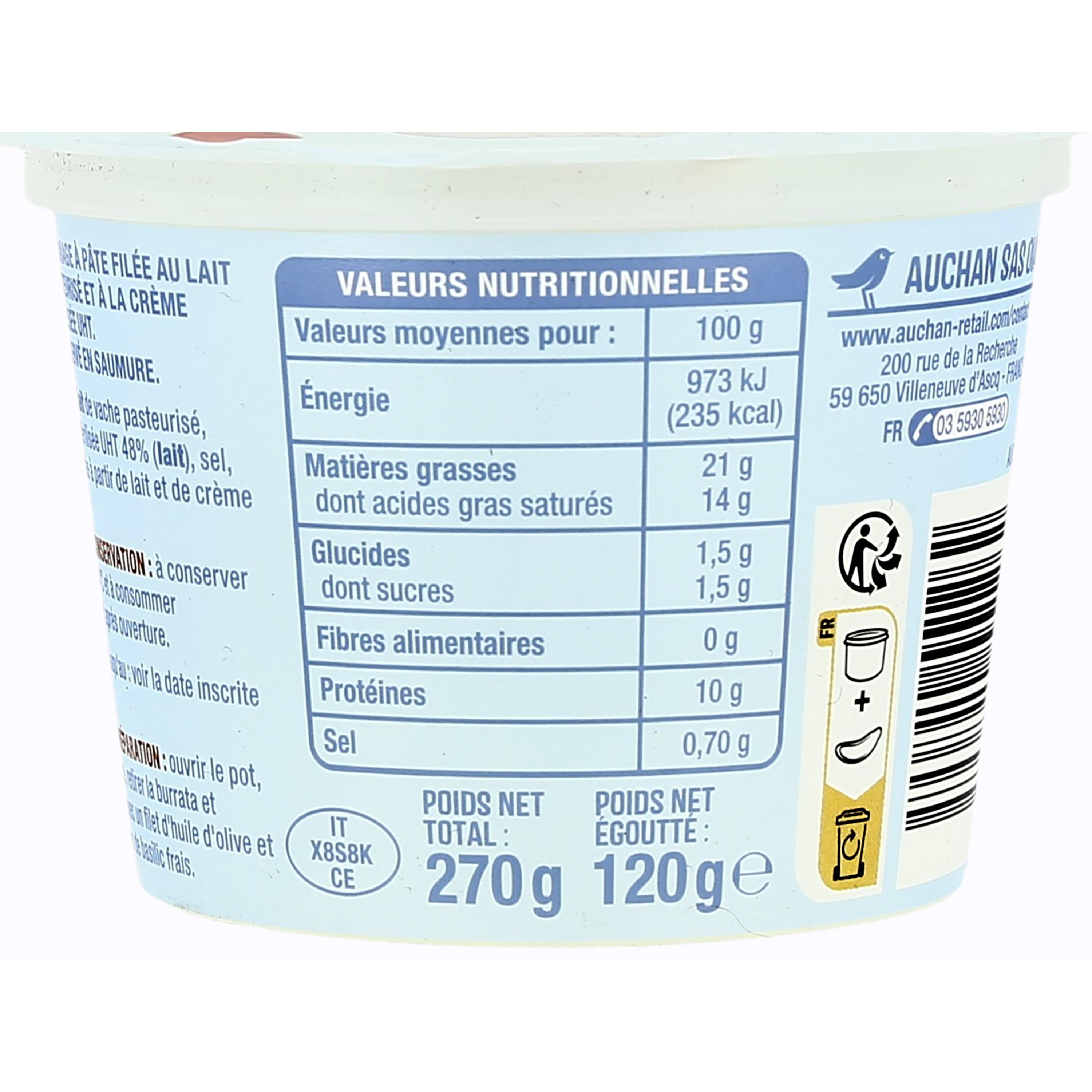 Voir la diapositive 2 : AUCHAN Burrata au lait de vache 270g