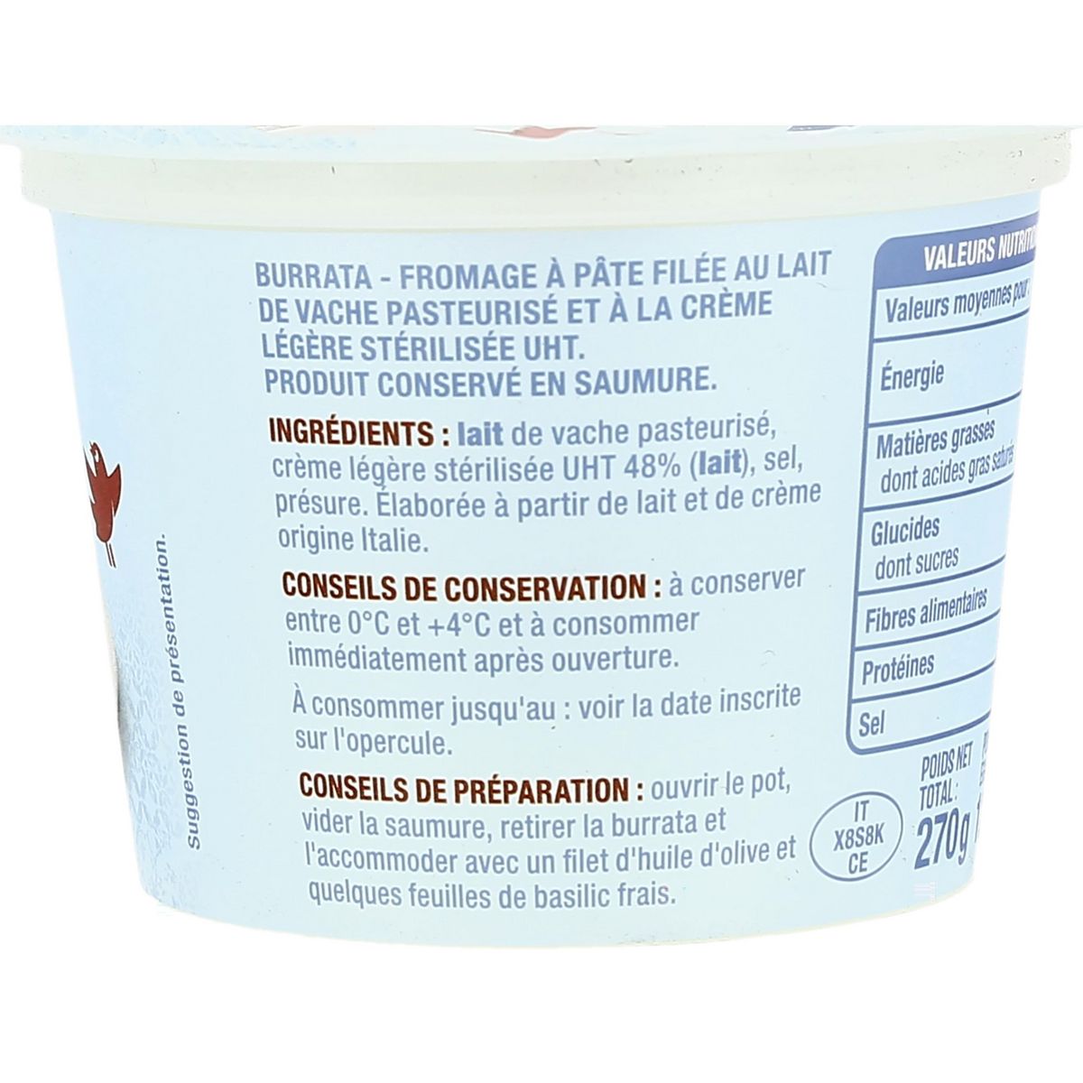 AUCHAN Burrata au lait de vache 270g