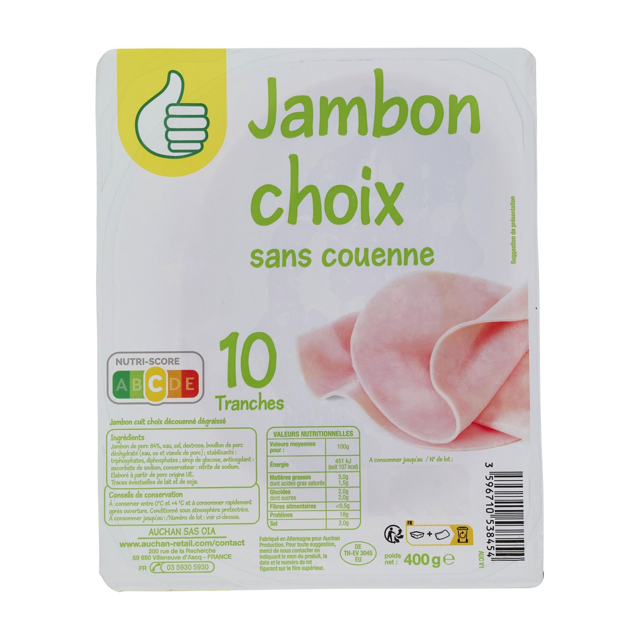 Voir la diapositive 2 : POUCE Jambon choix sans couenne 10 tranches 400g
