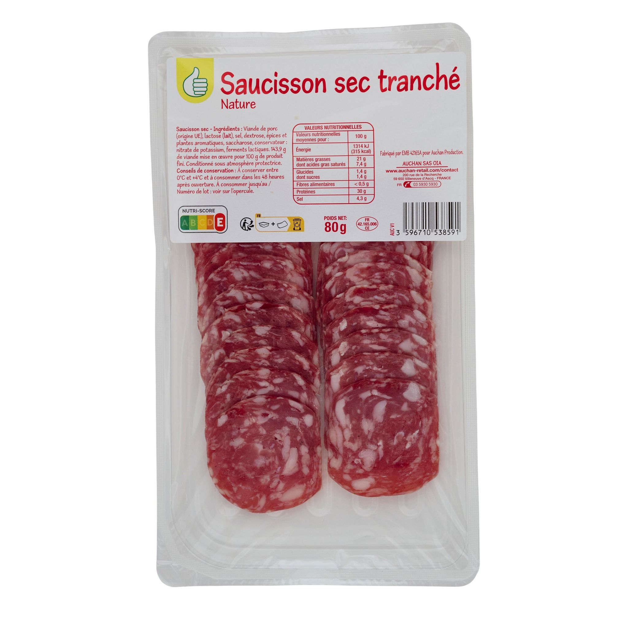 Voir la diapositive 2 : POUCE Saucisson sec tranché nature 80g