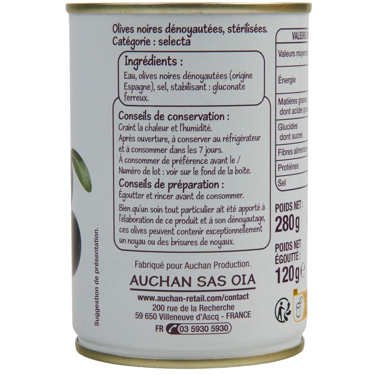 POUCE Olives noires dénoyautées 280g