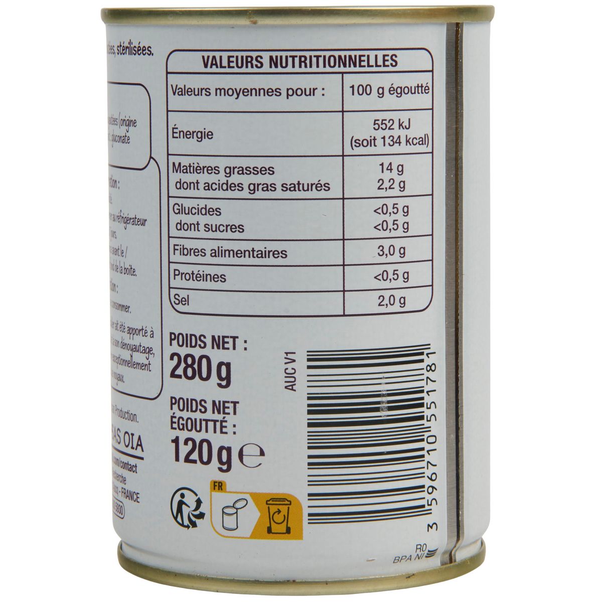 POUCE Olives noires dénoyautées 280g