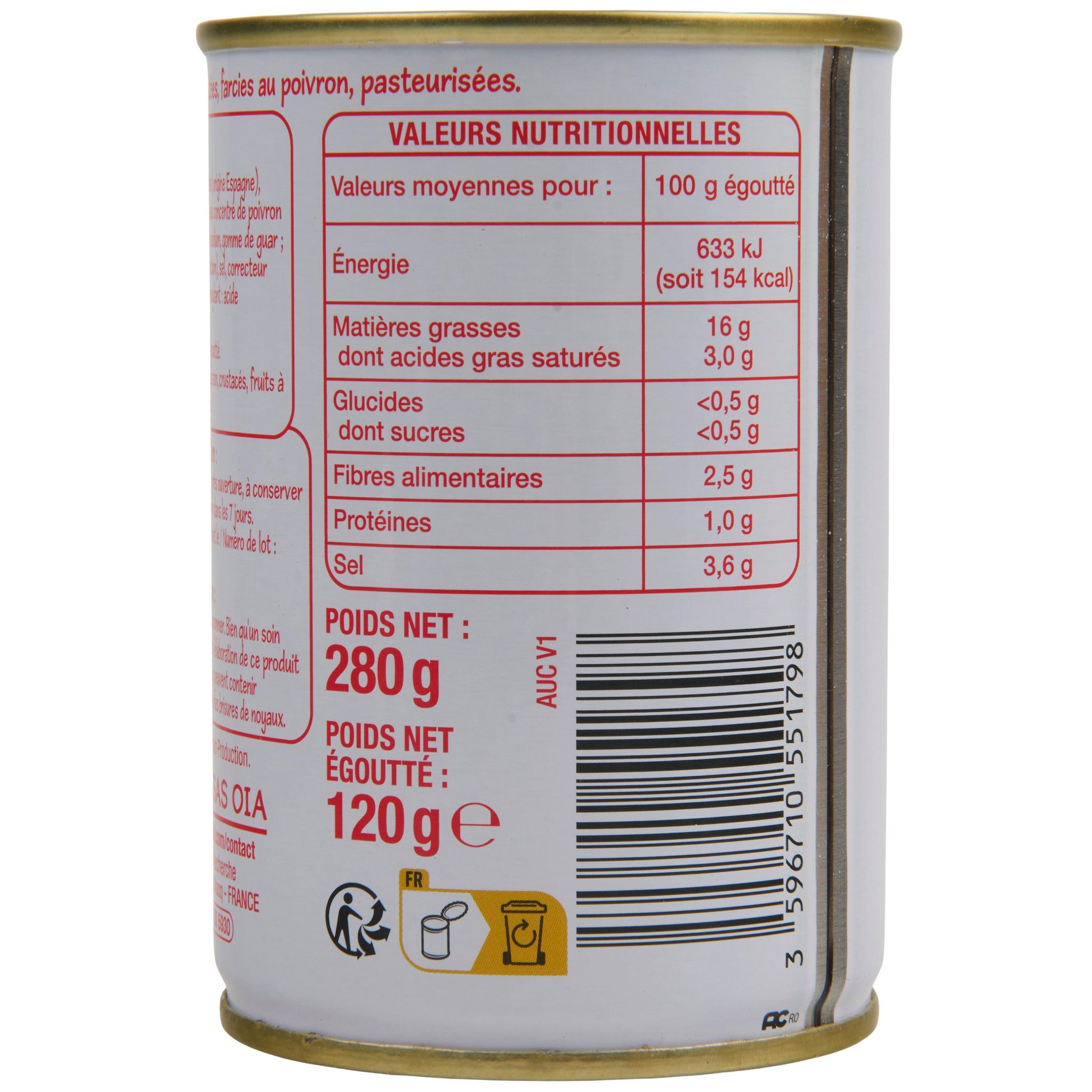 Voir la diapositive 2 : POUCE Olives farcies aux poivrons 280g