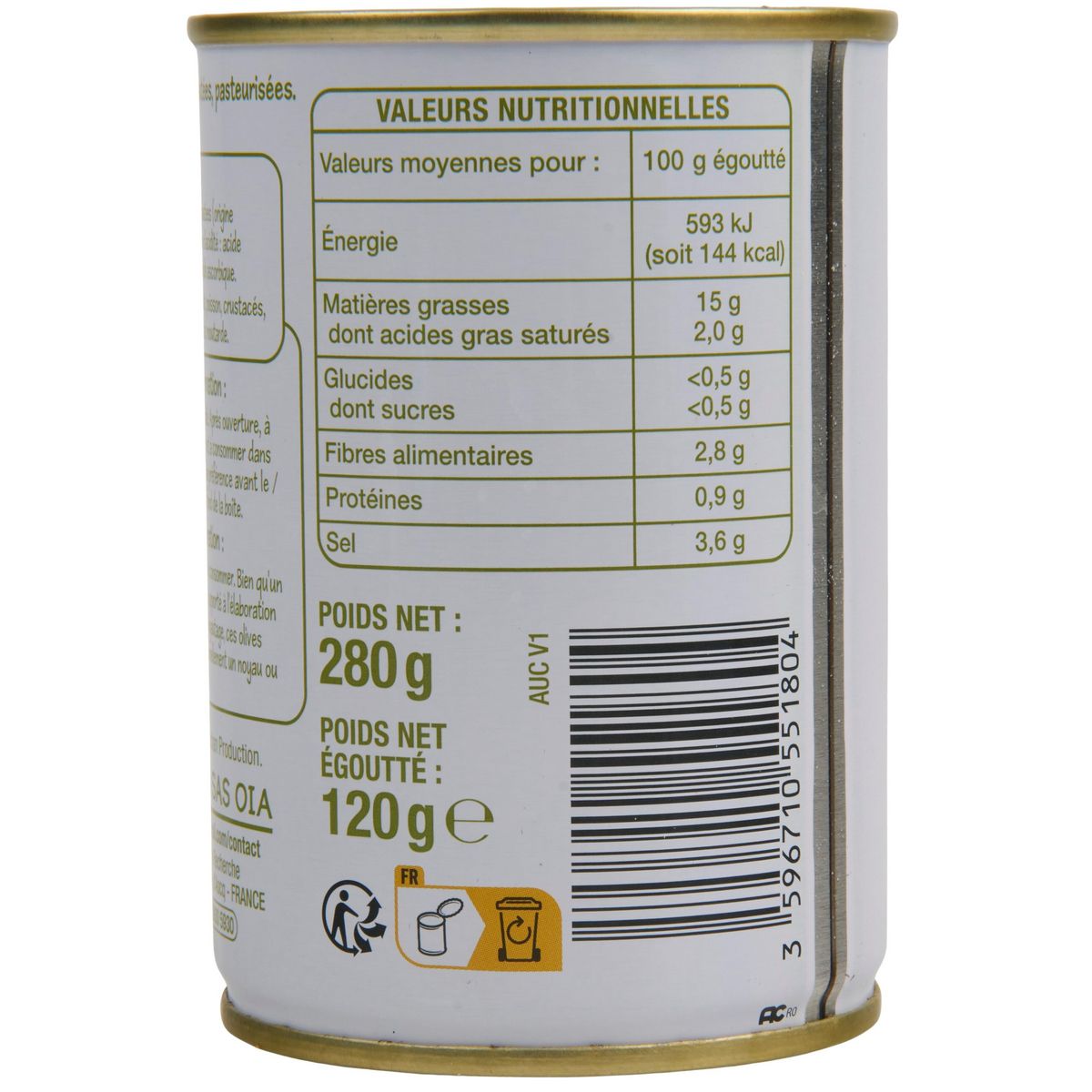 POUCE Olives vertes dénoyautées 280g