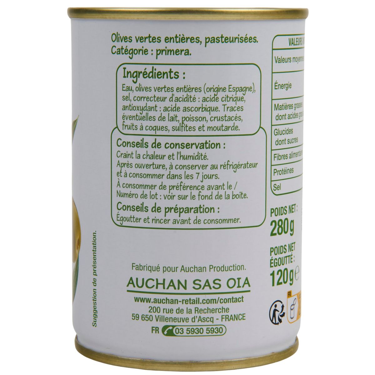 POUCE Olives vertes entières 280g