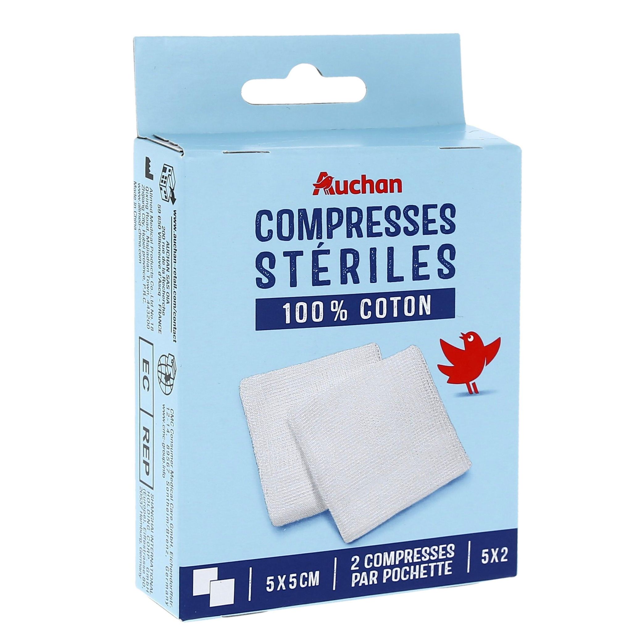 Voir la diapositive 4 : AUCHAN Compresses stériles 5x5cm 5x2 compresses