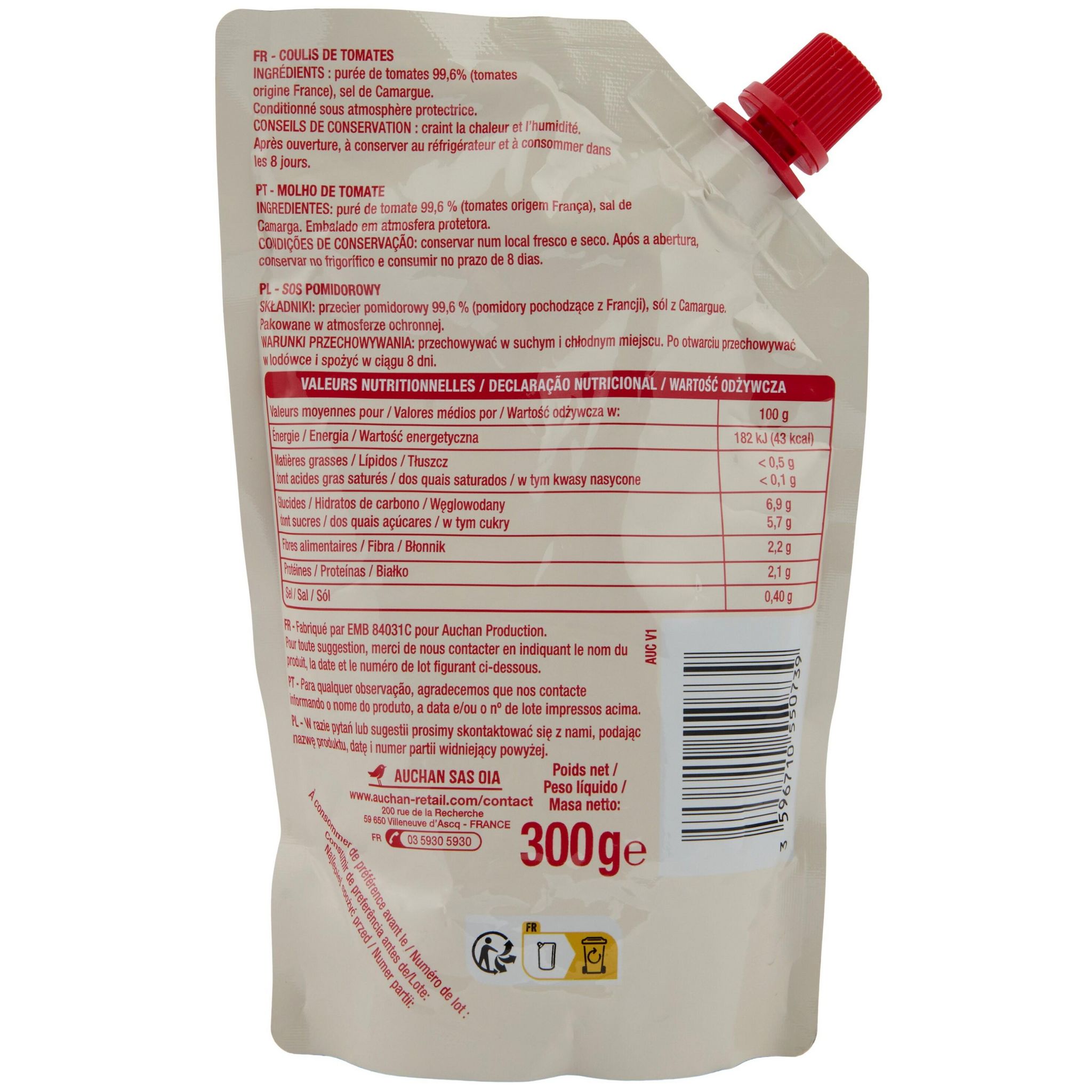 Voir la diapositive 3 : AUCHAN Coulis de tomates doypack 300g