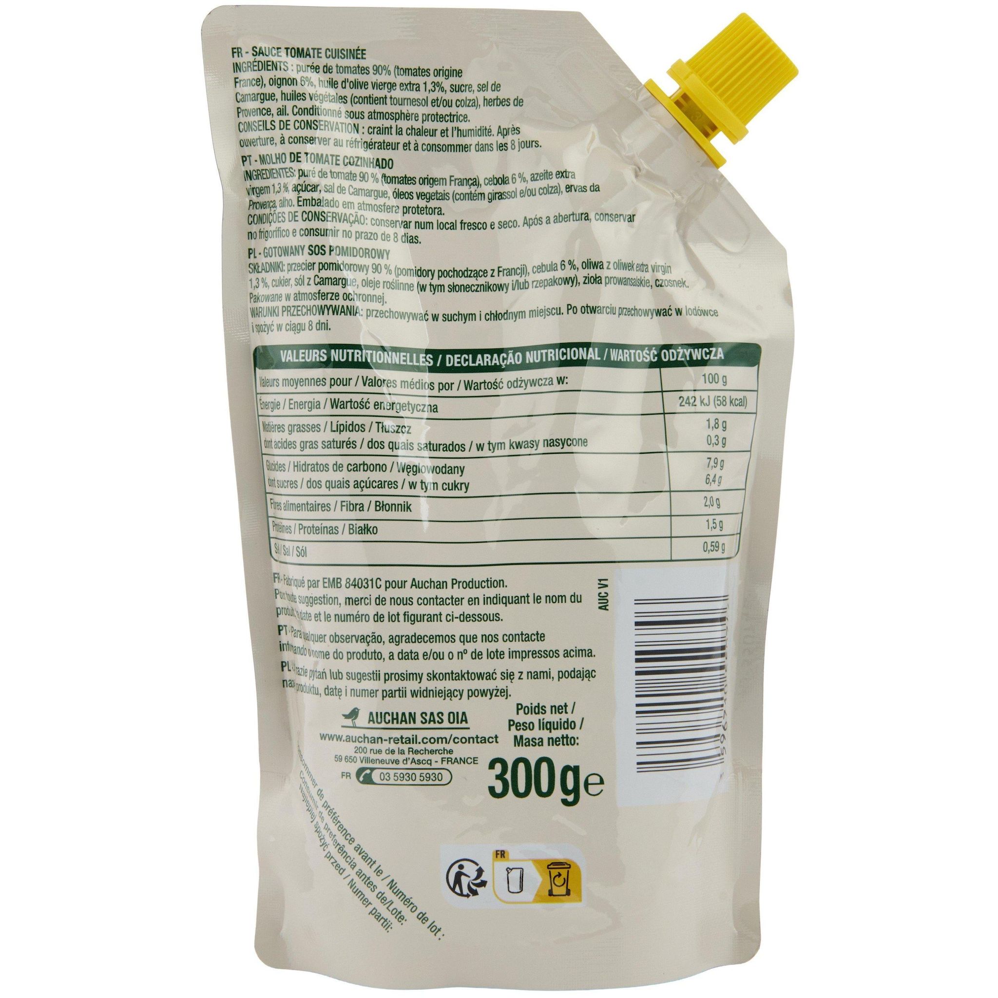 Voir la diapositive 2 : AUCHAN Sauce pizza doypack 300g