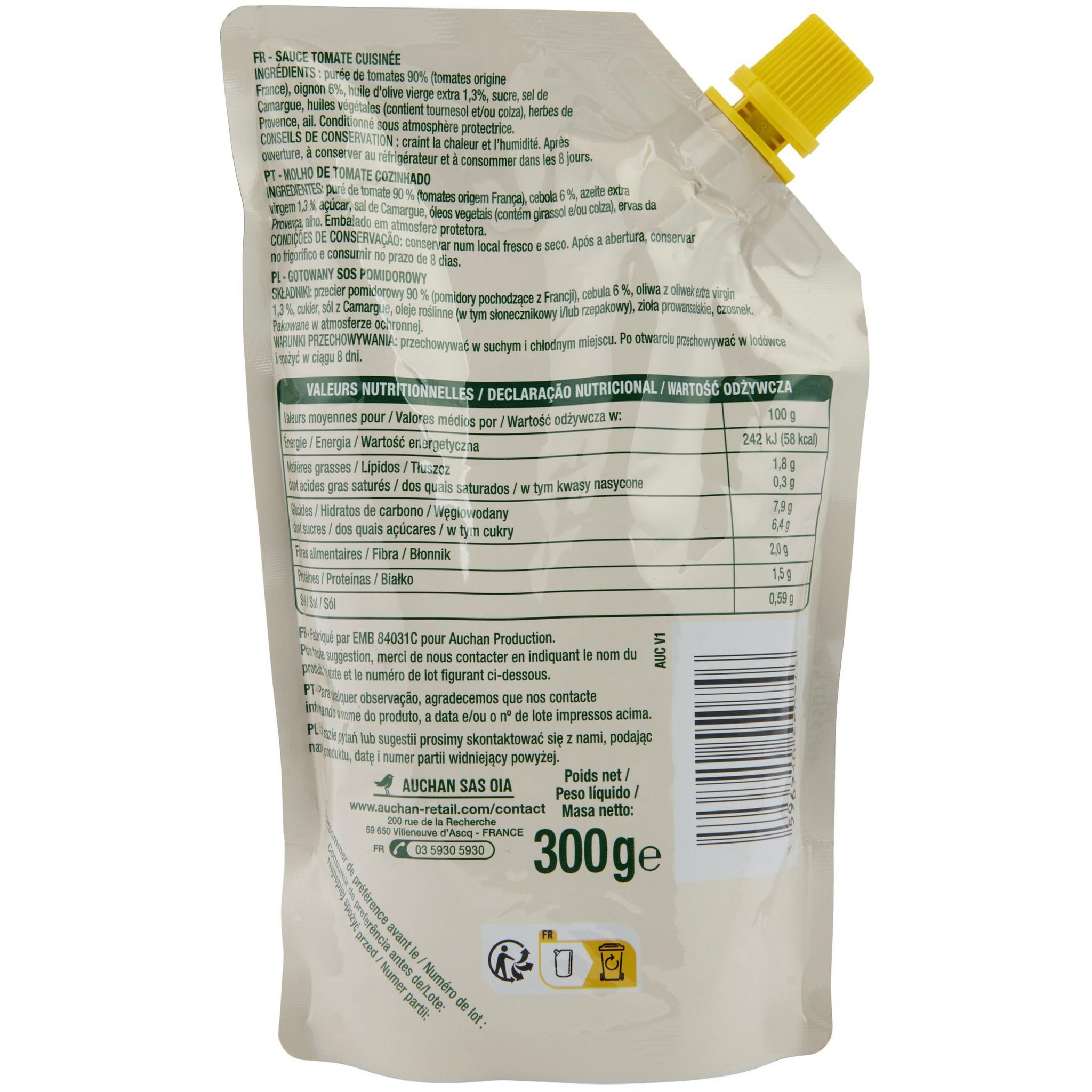 Voir la diapositive 3 : AUCHAN Sauce pizza doypack 300g