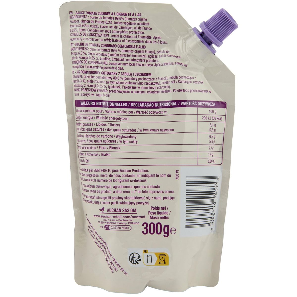 AUCHAN Sauce tomate ail oignon doypack 300g