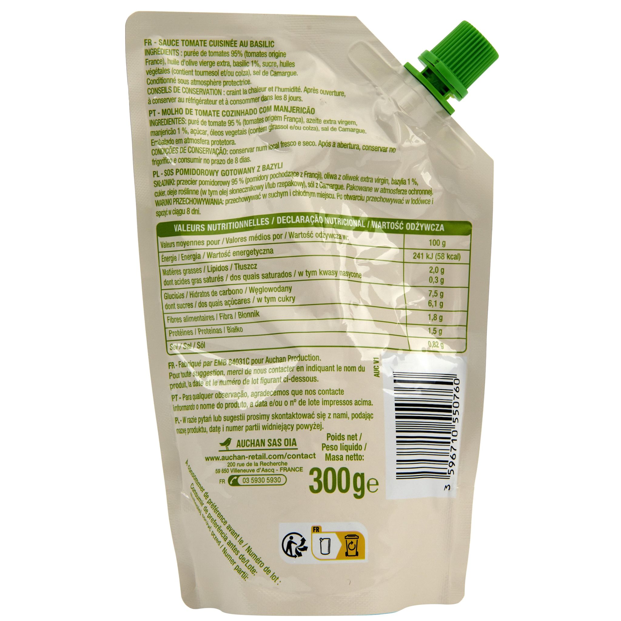 Voir la diapositive 2 : AUCHAN Sauce tomate basilic doypack 300g