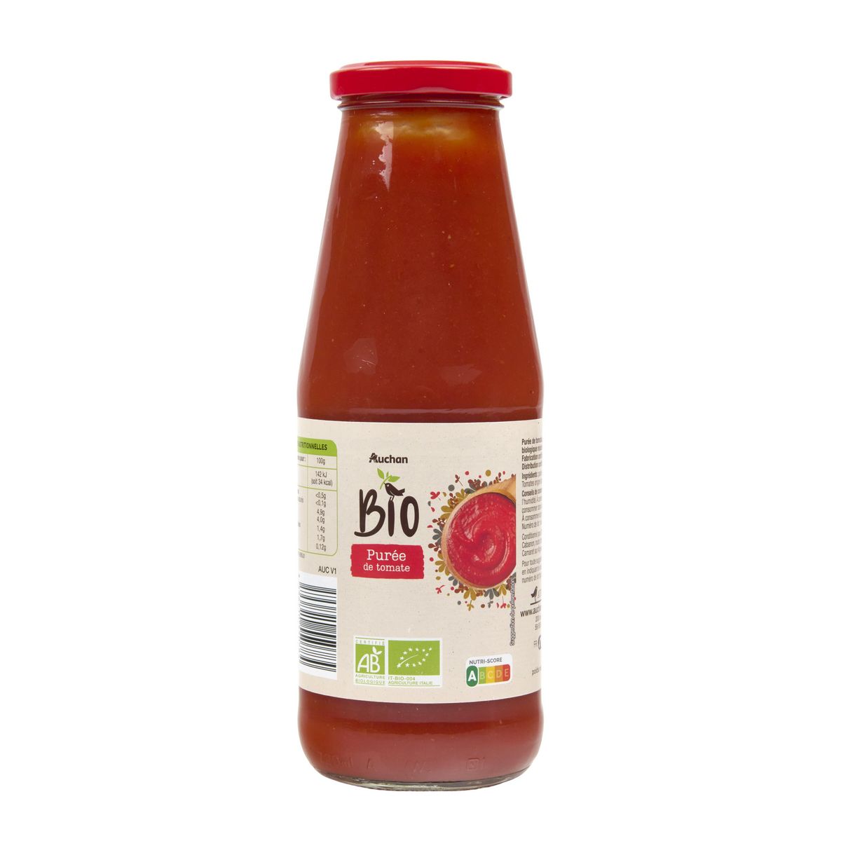 AUCHAN Purée de tomates flacon verre bio 680g
