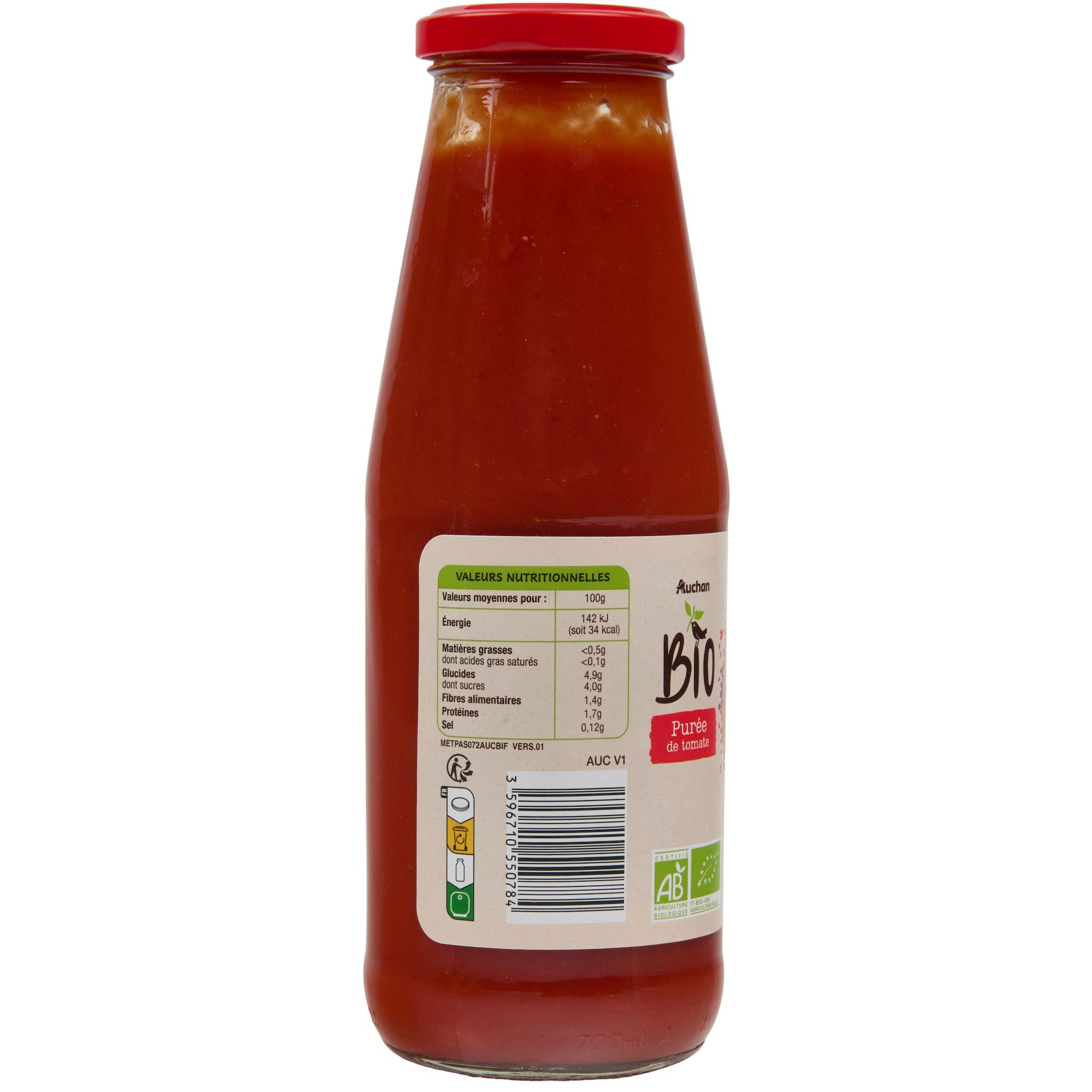 Voir la diapositive 3 : AUCHAN Purée de tomates flacon verre bio 680g