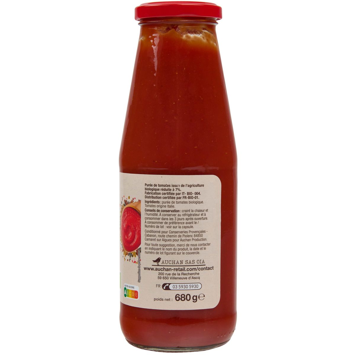 AUCHAN Purée de tomates flacon verre bio 680g