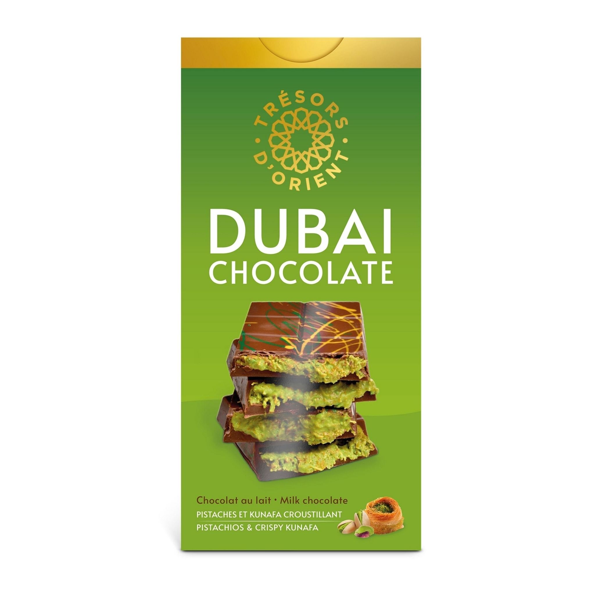 TRESOR D'ORIENT Tablette de chocolat au lait Dubaï fourrée à la pistache et Kunafa 200g