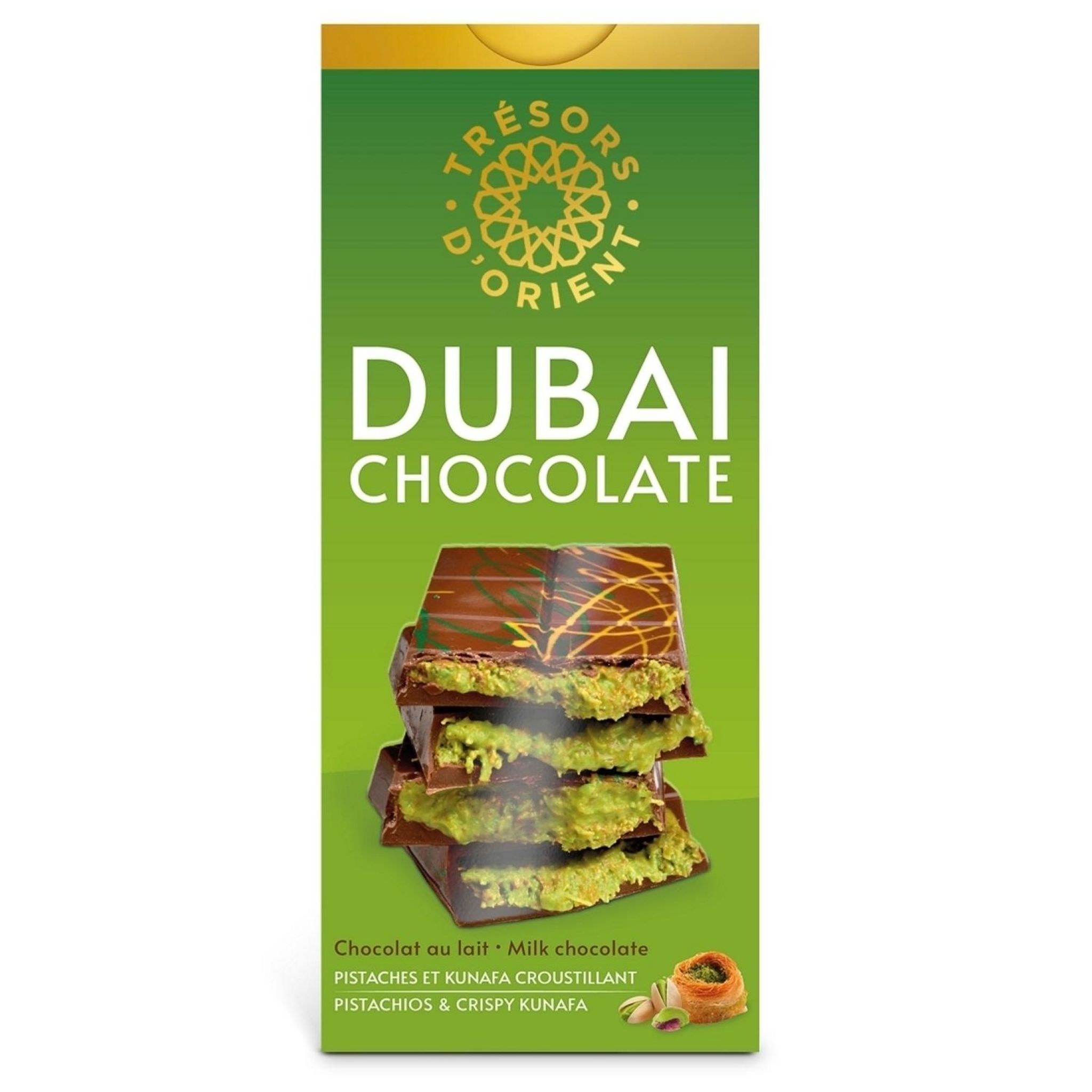 TRESOR D'ORIENT Tablette de chocolat au lait Dubaï fourrée à la pistache et kunafa 100g