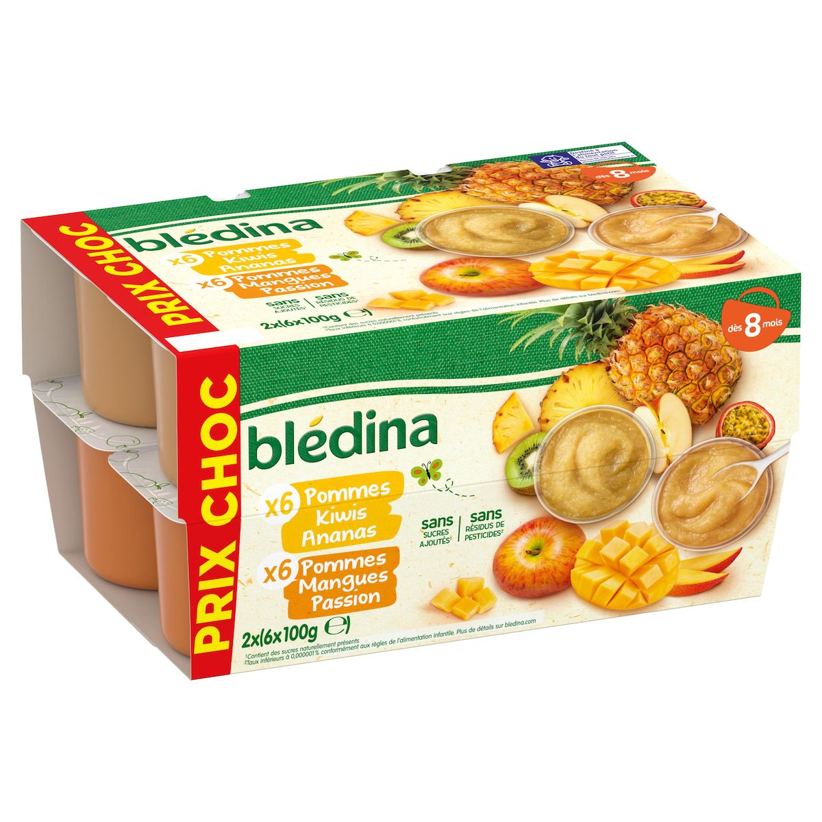 BLEDINA Coupelles de fruits pommes kiwis ananas & pommes mangues passion dès 6 mois 12x100g