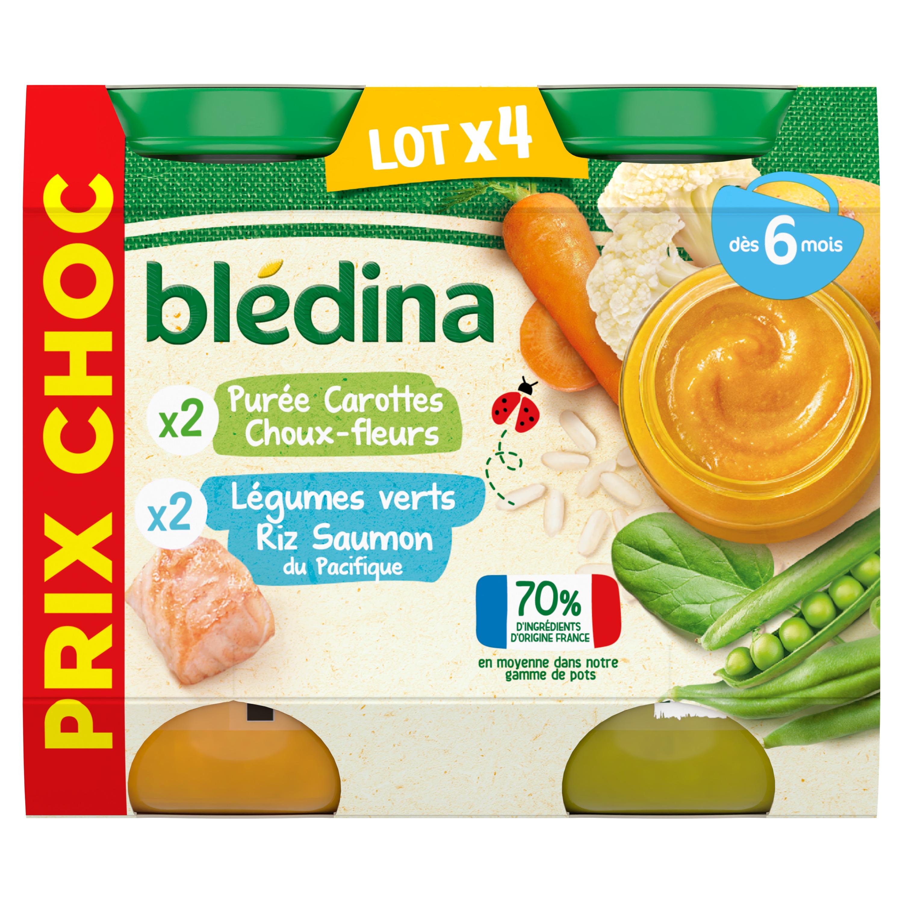 BLEDINA Petits pots purée de carottes chou fleur & légumes verts riz saumon dès 6 mois 4x200g