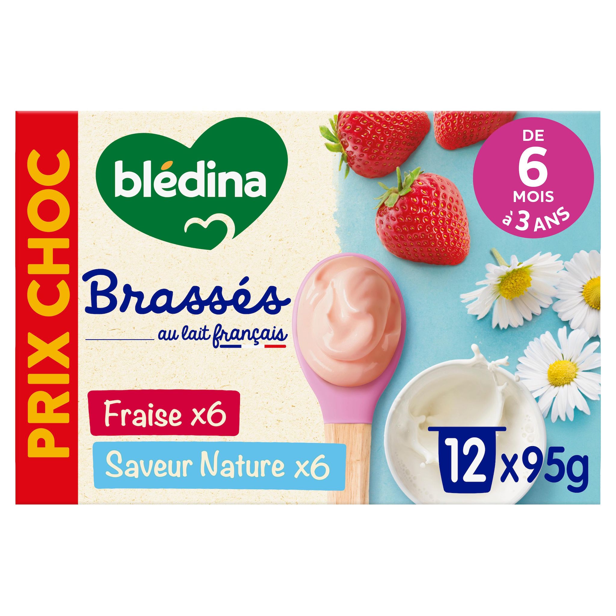 BLEDINA Brasses dessert lacté fraise et nature dès 6 mois 12x95g