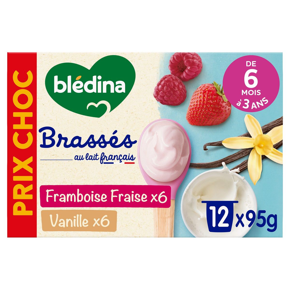 BLEDINA Brasses dessert lacté vanille & framboise fraise dès 6 mois 12x95g
