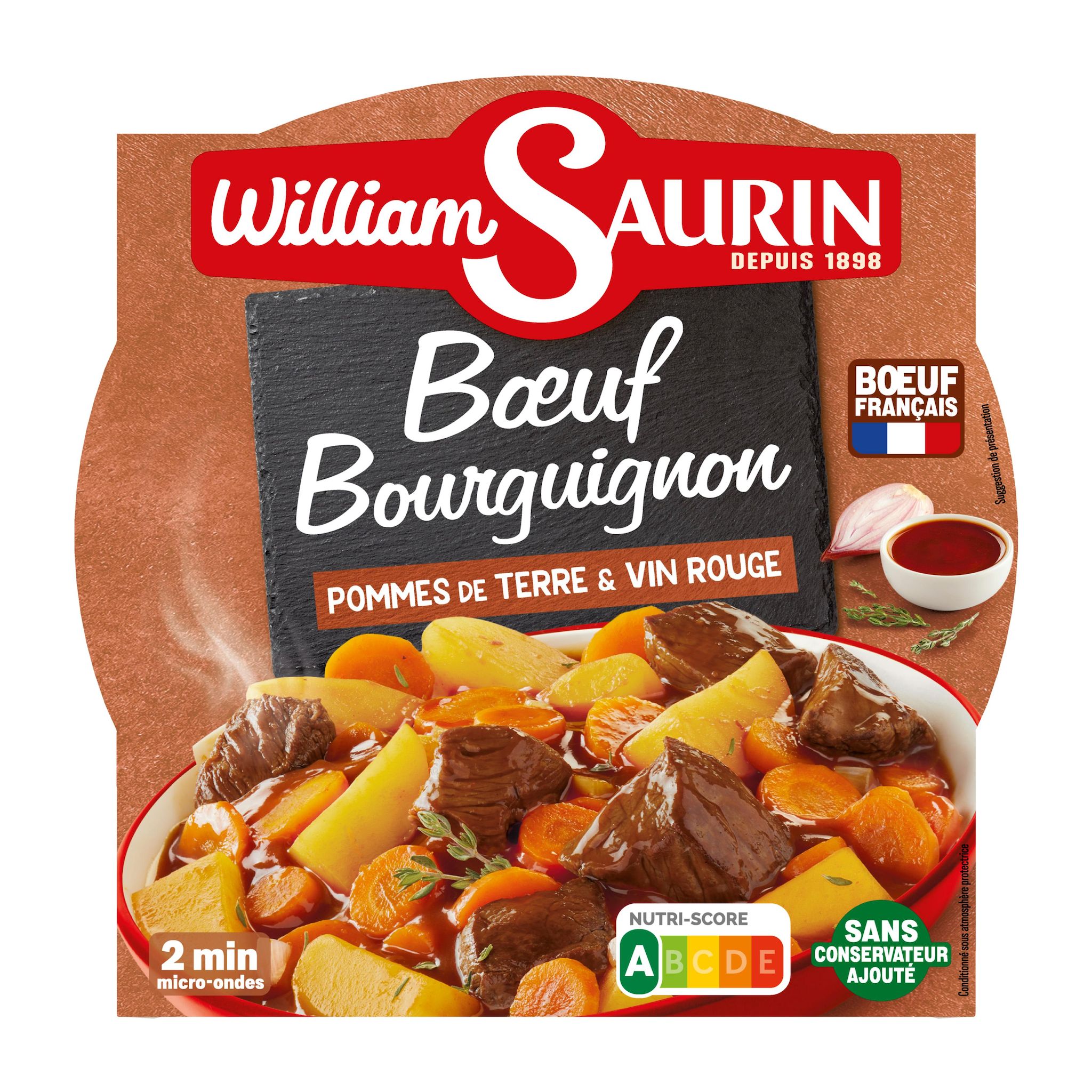 Voir la diapositive 2 : WILLIAM SAURIN Boeuf bourguignon aux pommes de terre et vin rouge 300g