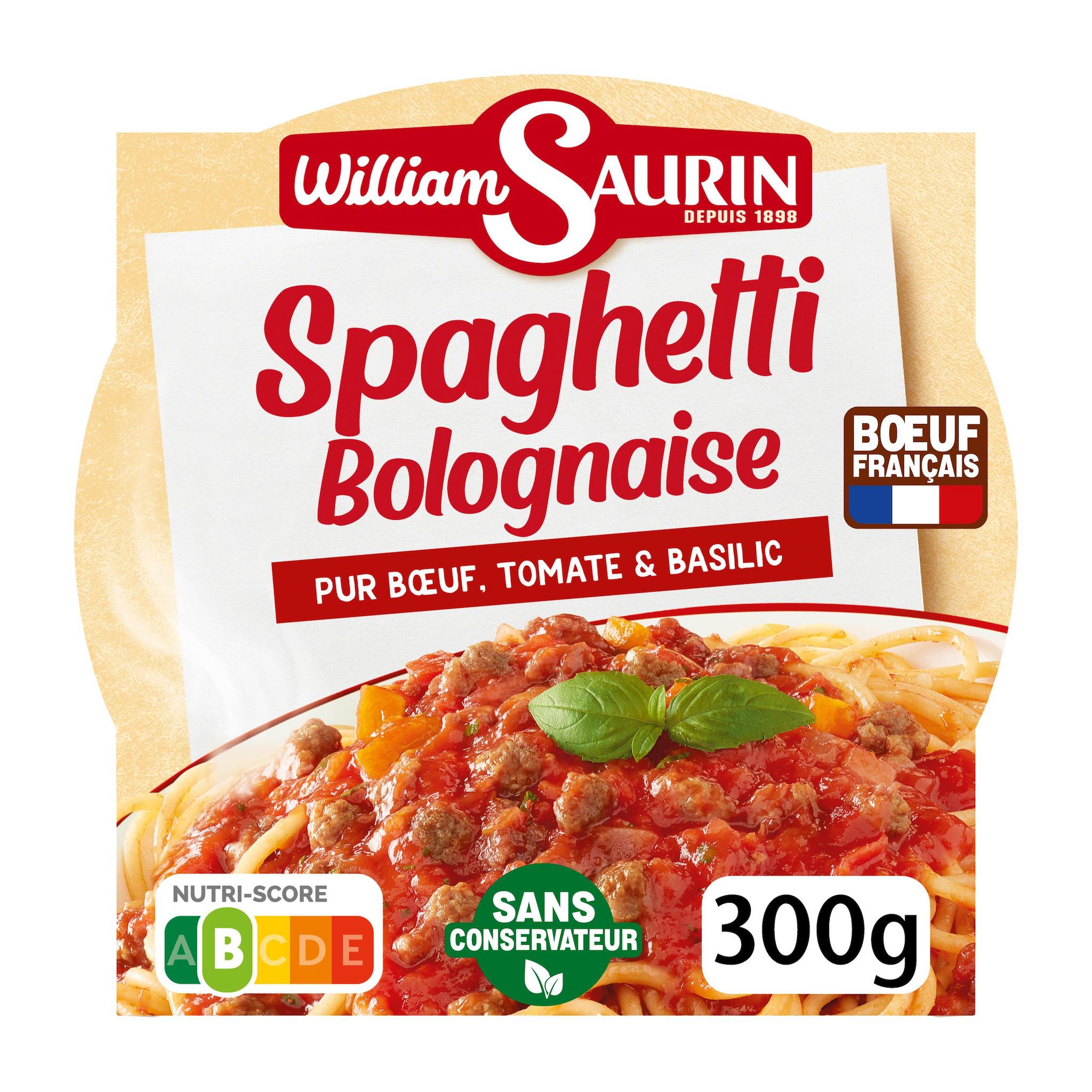 Voir la diapositive 2 : WILLIAM SAURIN Spaghetti à la bolognaise pur boeuf à la tomate et basilic 1 portion 300g