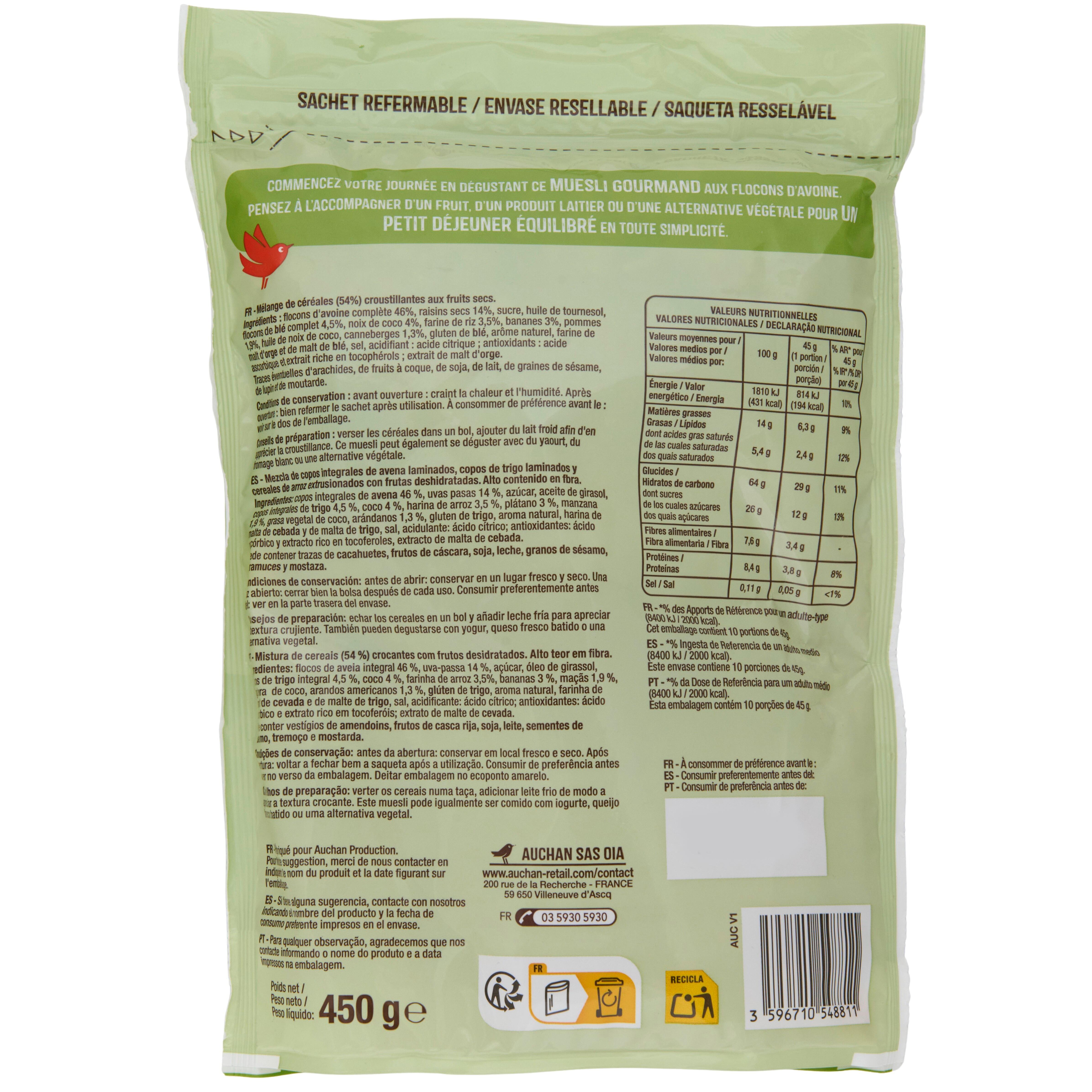 Voir la diapositive 2 : AUCHAN Muesli croustillant 5 fruits 450g