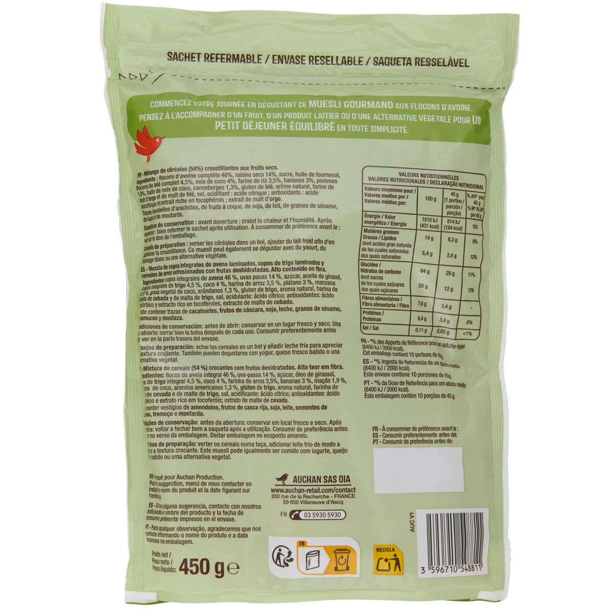 AUCHAN Muesli croustillant 5 fruits 450g