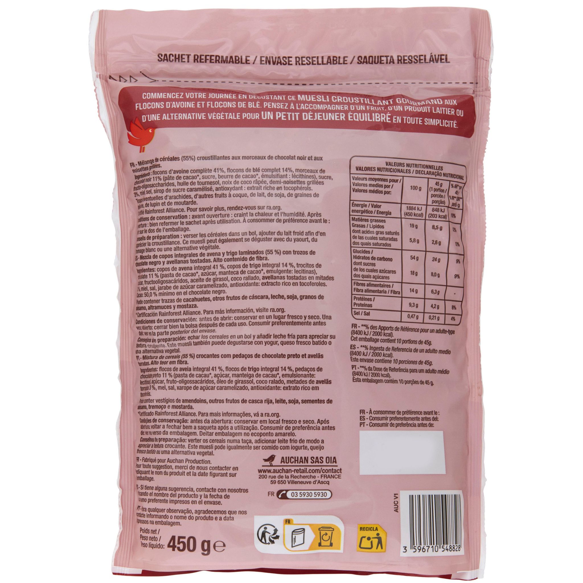 Voir la diapositive 2 : AUCHAN Muesli croustillant chocolat noir et noisettes 450g