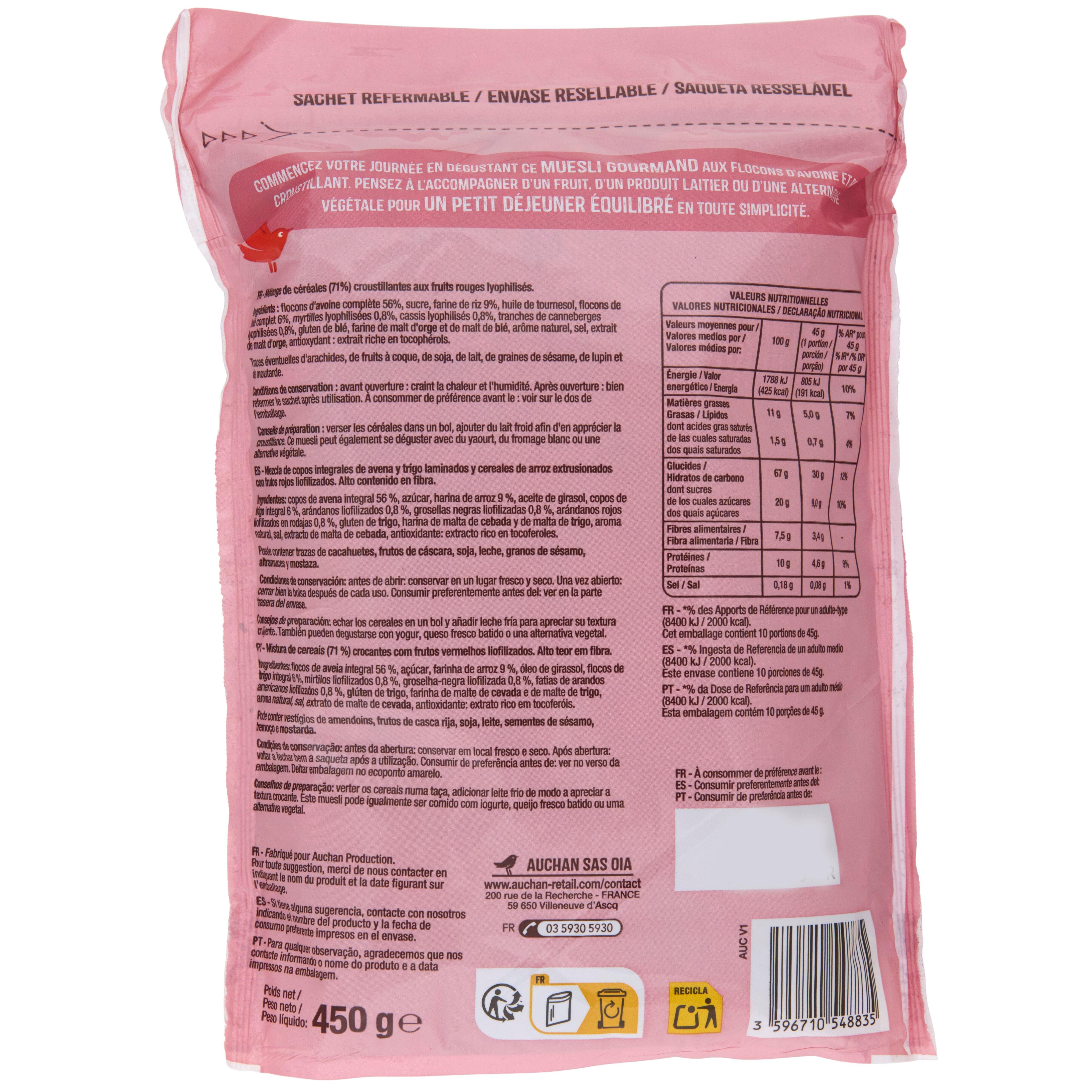 Voir la diapositive 2 : AUCHAN Muesli croustillant fruits rouges 450g