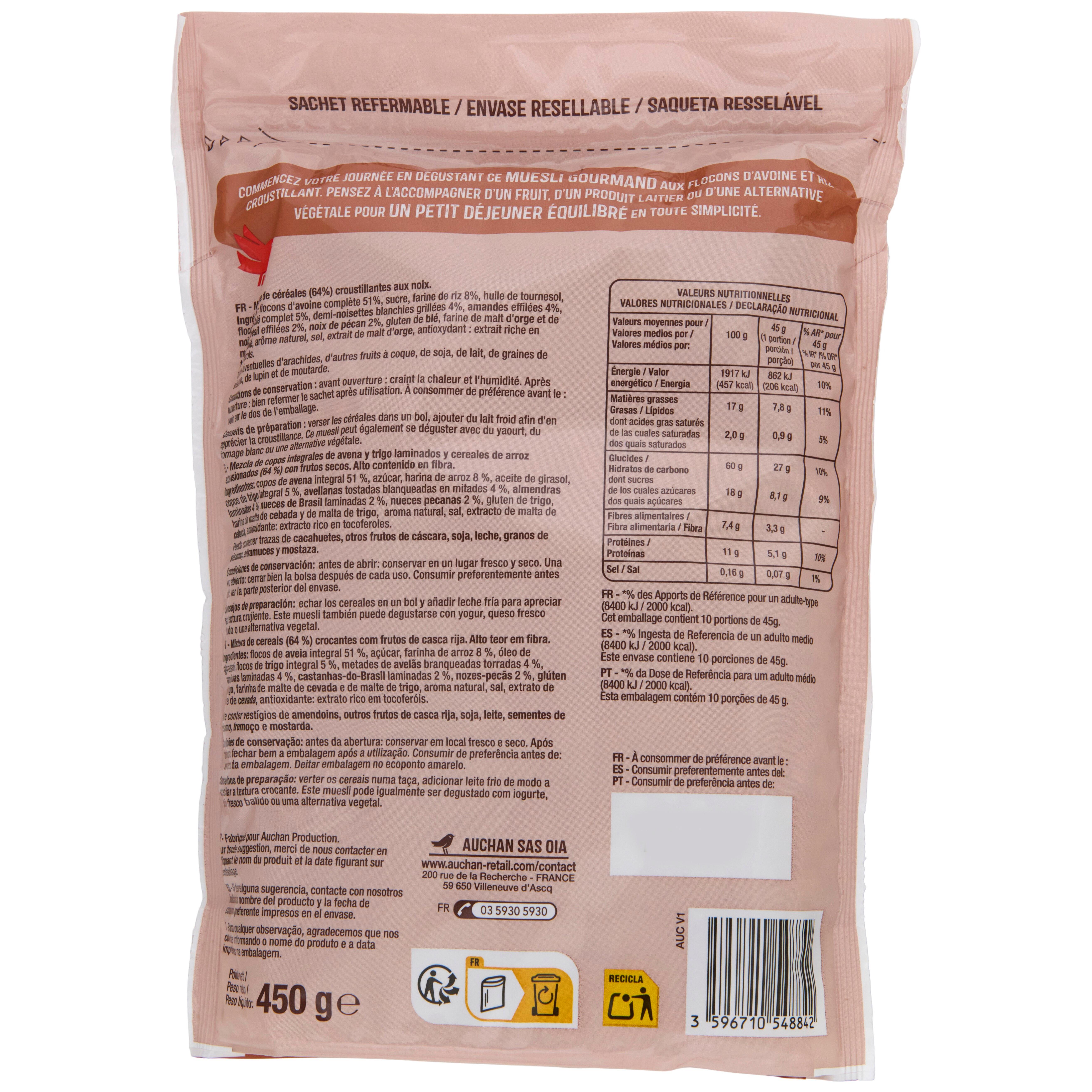 Voir la diapositive 2 : AUCHAN Céréales muesli croustillant noix 450g