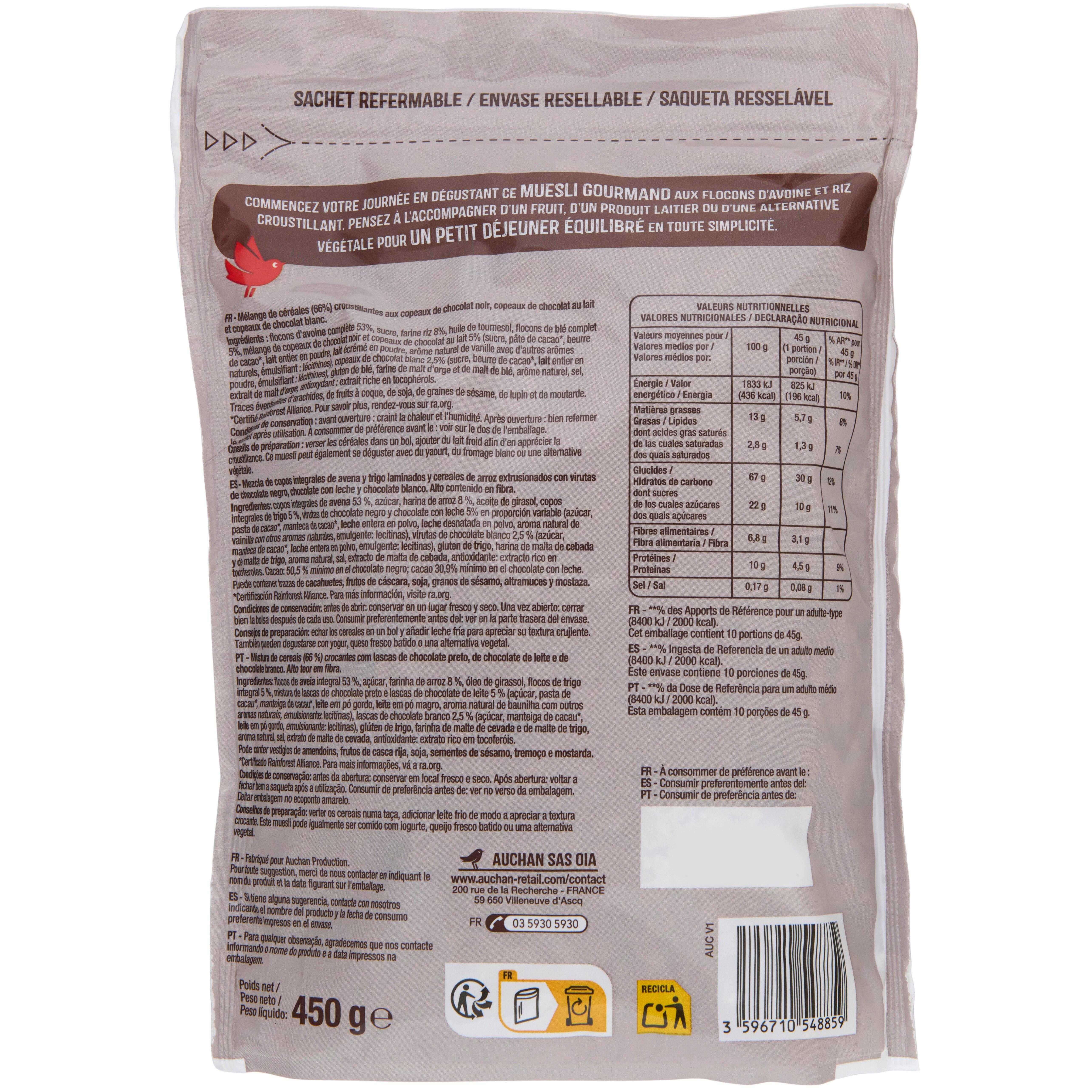 Voir la diapositive 2 : AUCHAN Muesli croustillant 3 chocolats 450g