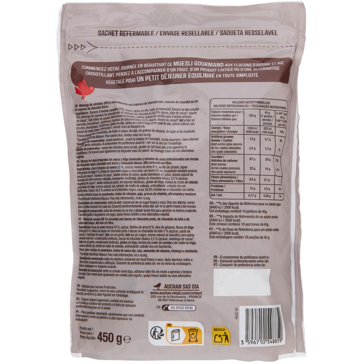 AUCHAN Muesli croustillant 3 chocolats 450g
