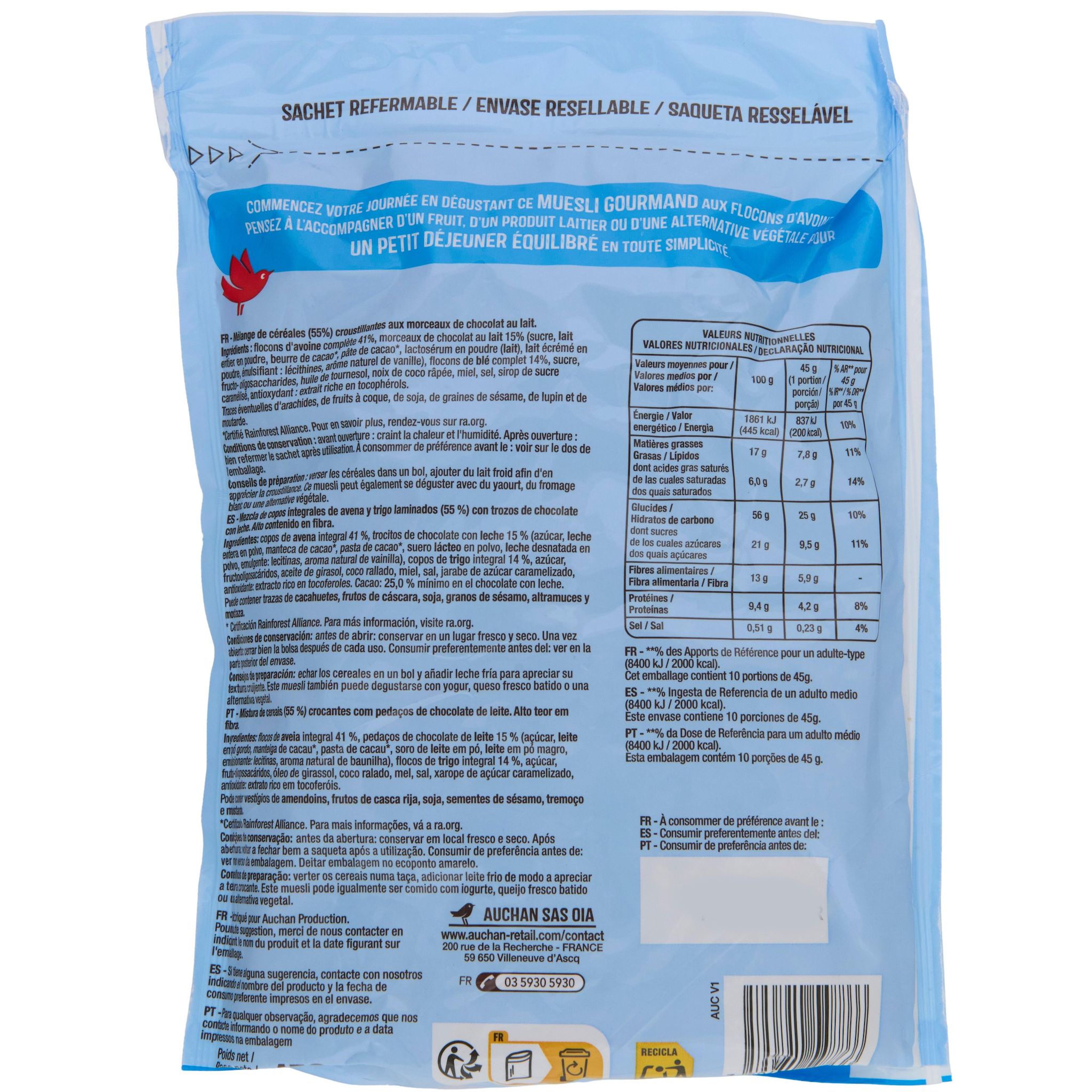Voir la diapositive 2 : AUCHAN Muesli croustillant chocolat au lait 450g