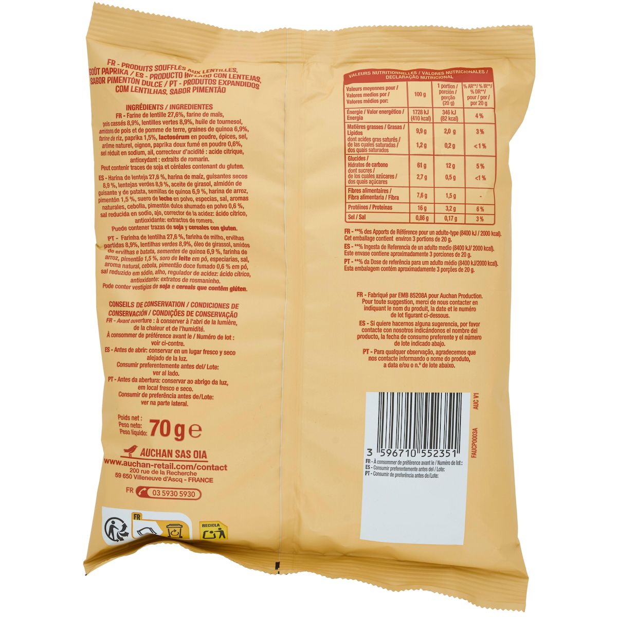 AUCHAN Pop'apero biscuits soufflées saveur paprika aux lentilles pois cassés et quinoa 70g