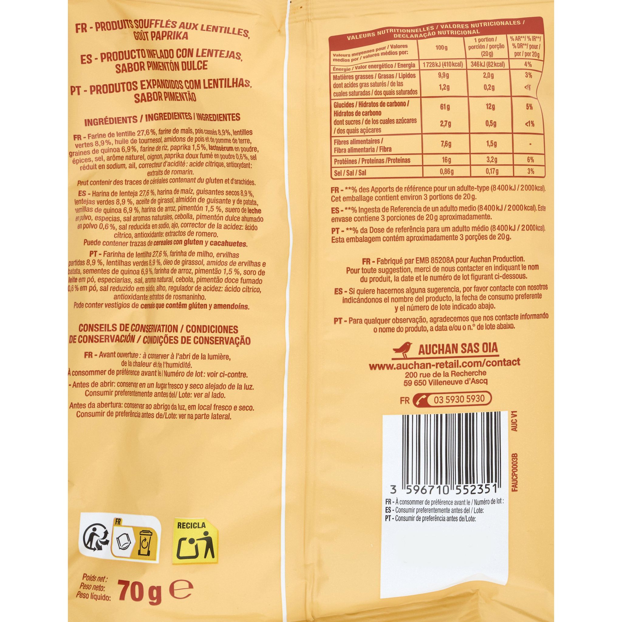 Voir la diapositive 2 : AUCHAN Pop'apero biscuits soufflées saveur paprika aux lentilles pois cassés et quinoa 70g