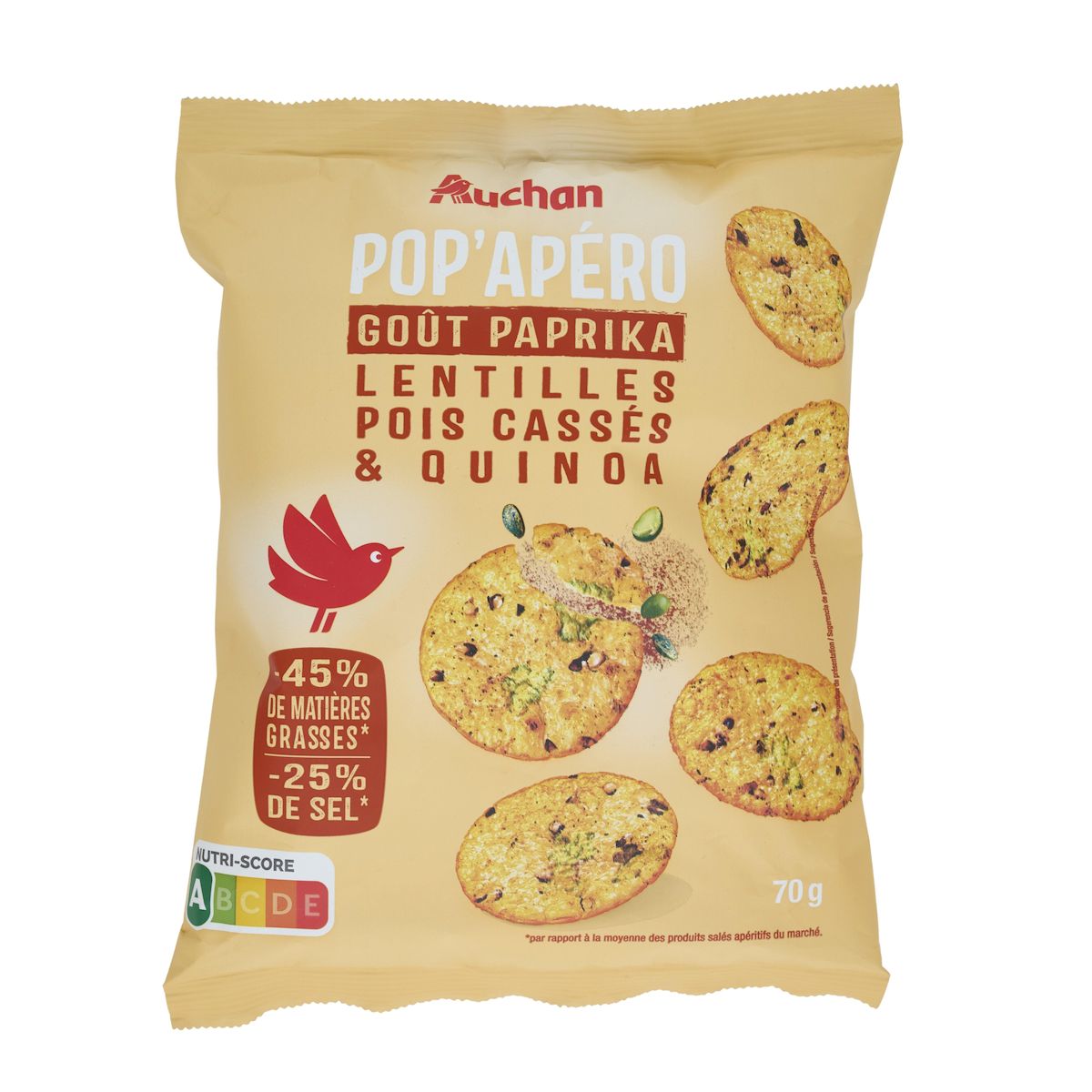 AUCHAN Pop'apero biscuits soufflées saveur paprika aux lentilles pois cassés et quinoa 70g
