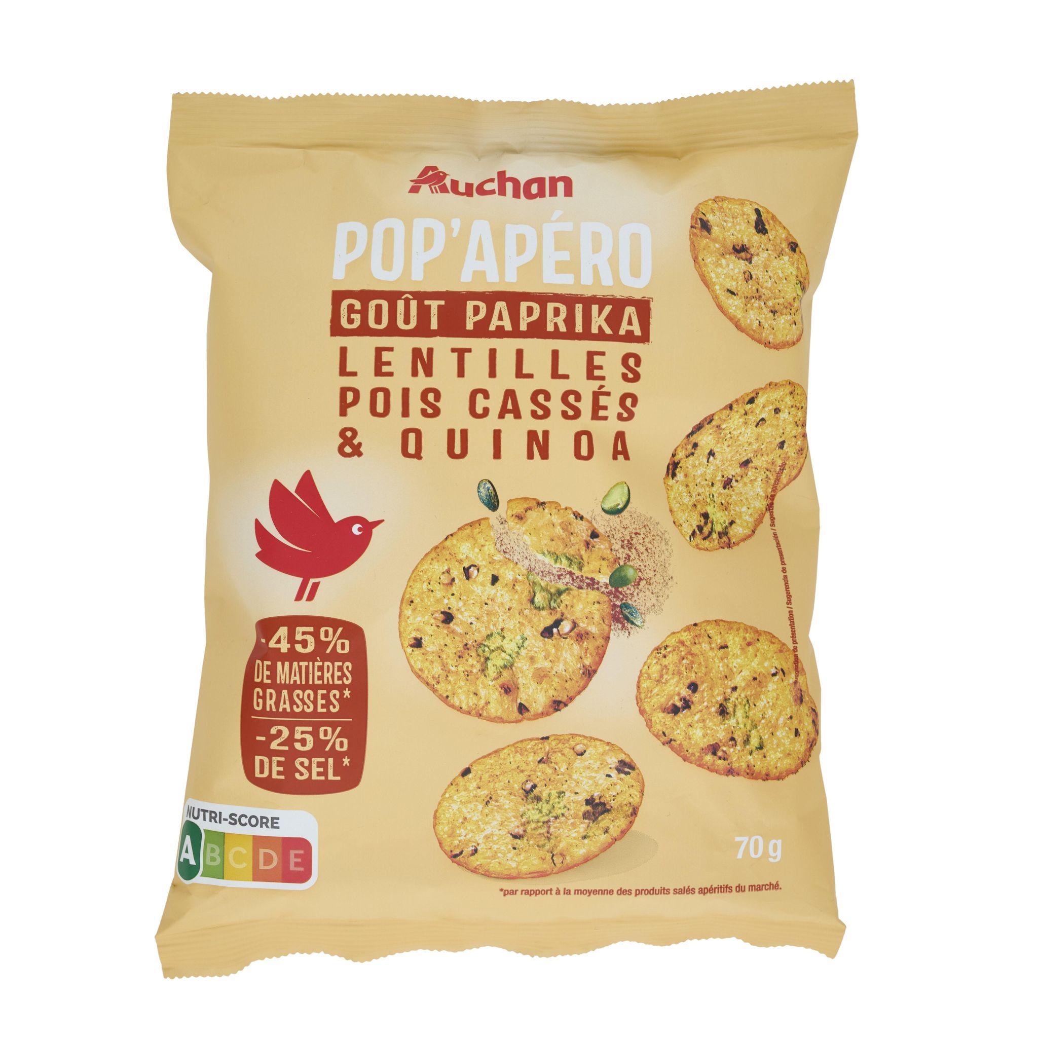 Voir la diapositive 3 : AUCHAN Pop'apero biscuits soufflées saveur paprika aux lentilles pois cassés et quinoa 70g